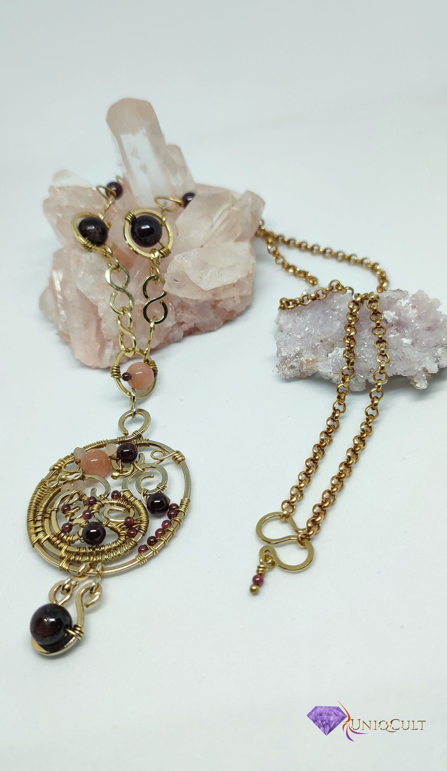 Elegant Garnet and Peach Moonstone Gemstone Brass Wire Necklace, Amulet