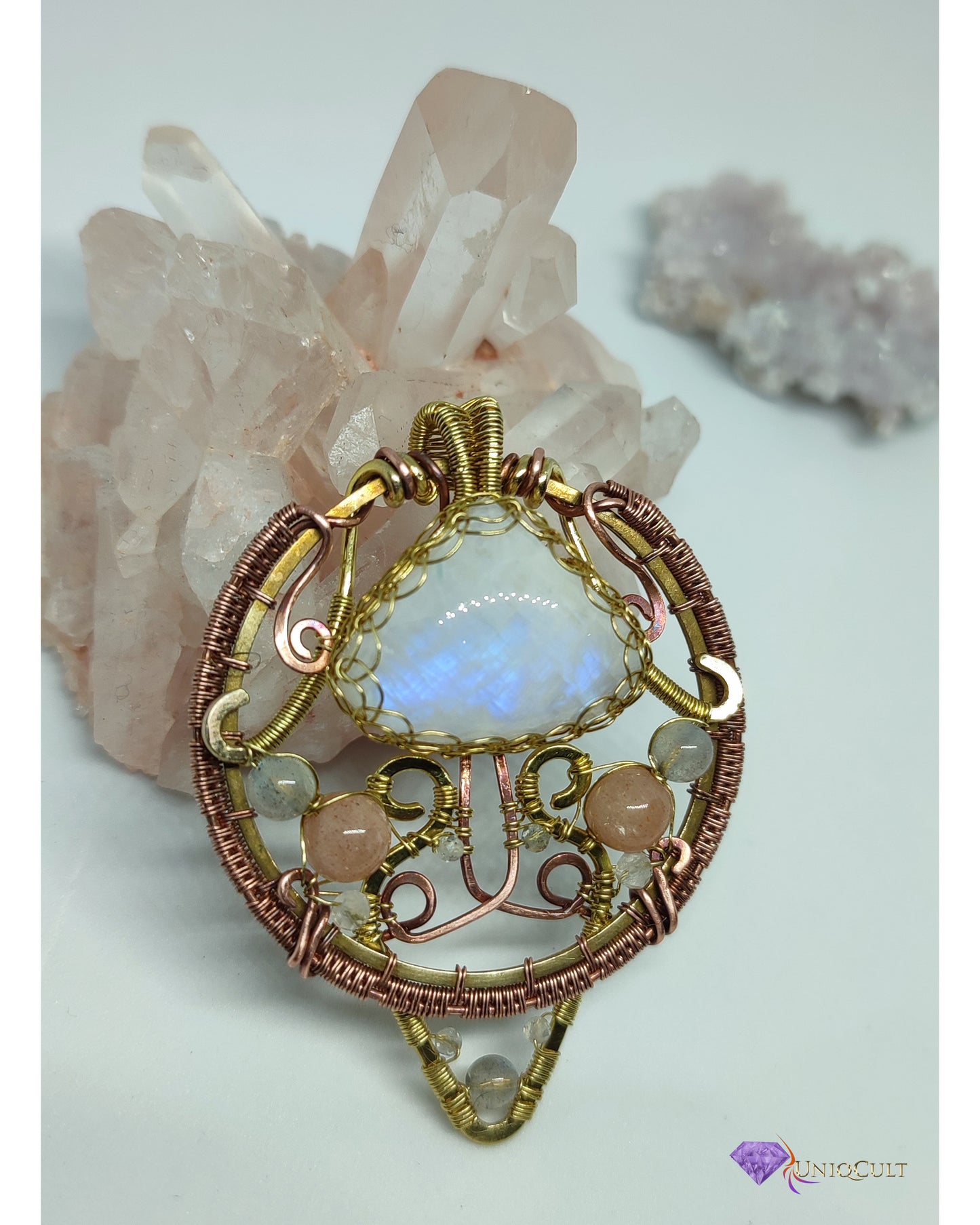 Elegant Feminine Brass & Copper Wire Wrapped Moonstone Pendant