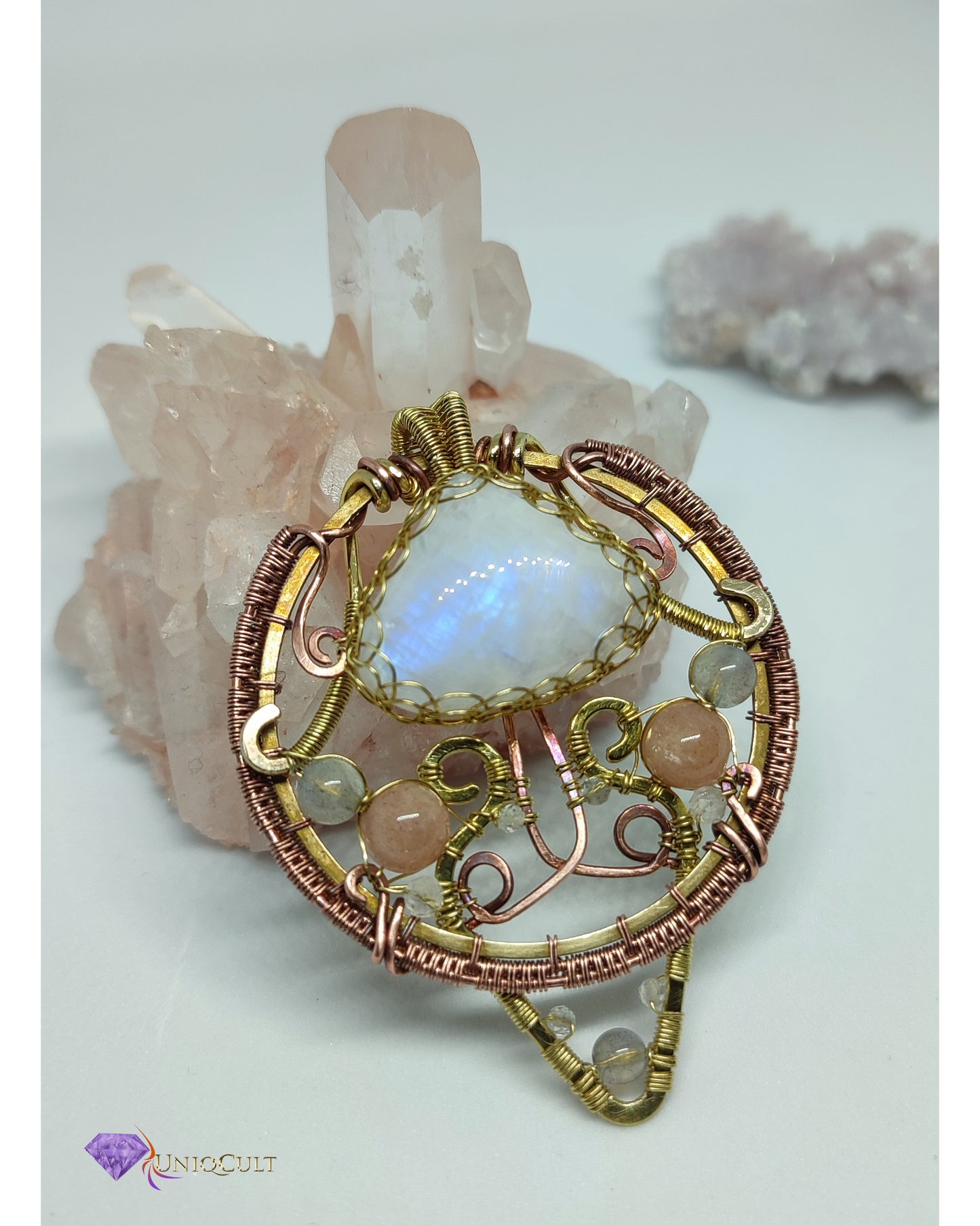 Elegant Feminine Brass & Copper Wire Wrapped Moonstone Pendant