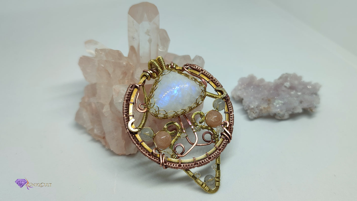 Elegant Feminine Brass & Copper Wire Wrapped Moonstone Pendant