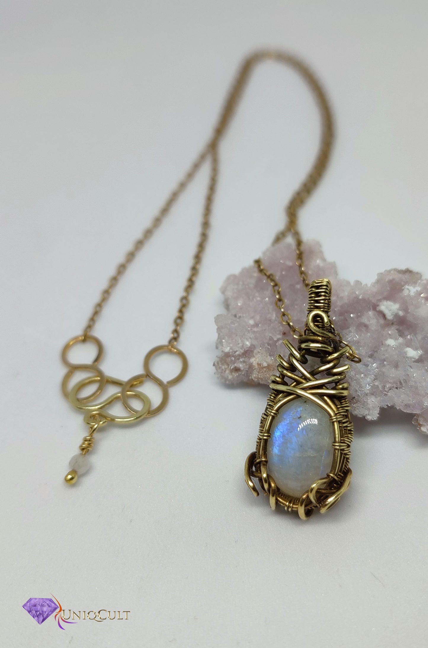 Dainty Feminine Brass Moonstone Pendant, Handmade Brass Wire Wrapped Gemstone Jewelry