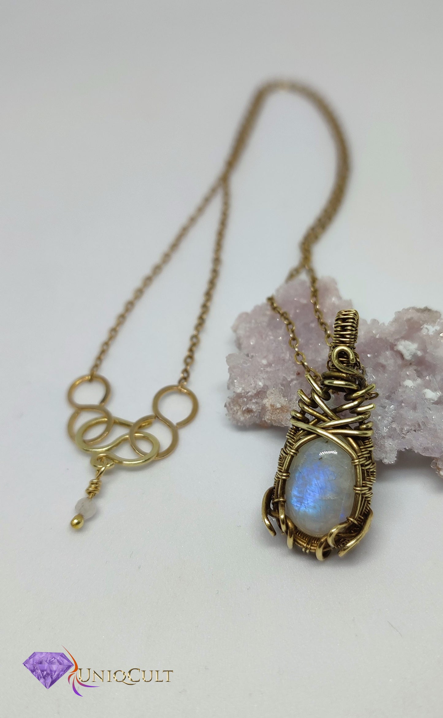 Dainty Feminine Brass Moonstone Pendant, Handmade Brass Wire Wrapped Gemstone Jewelry