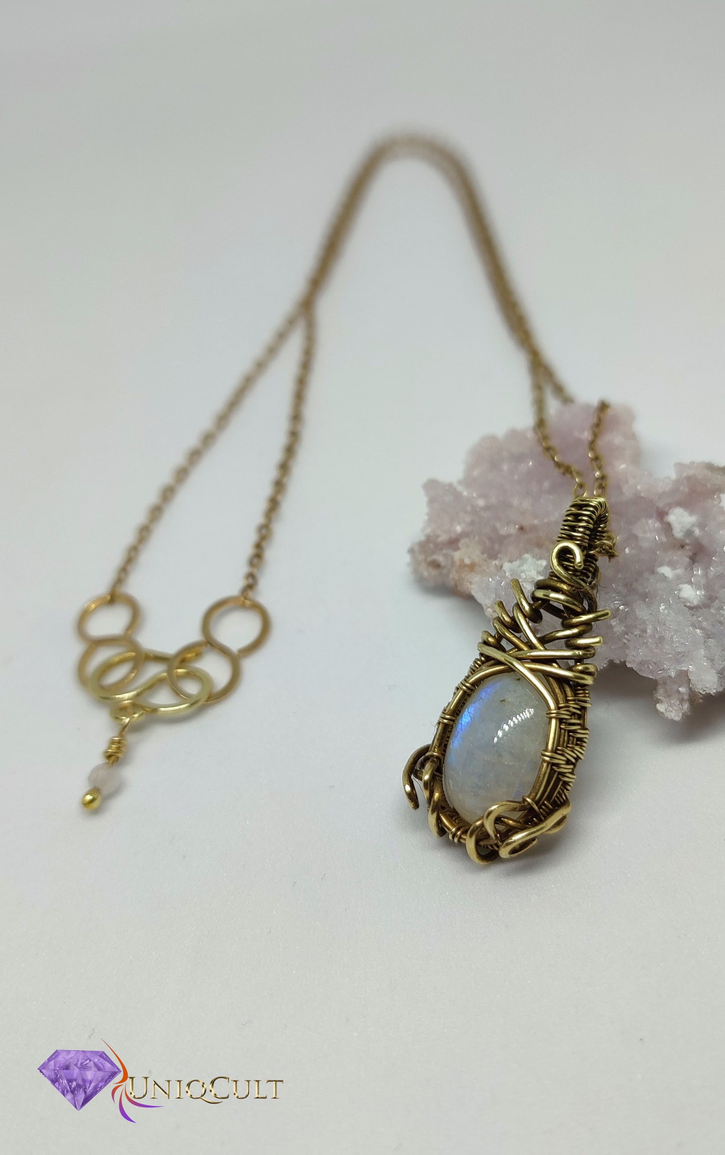 Dainty Feminine Brass Moonstone Pendant, Handmade Brass Wire Wrapped Gemstone Jewelry