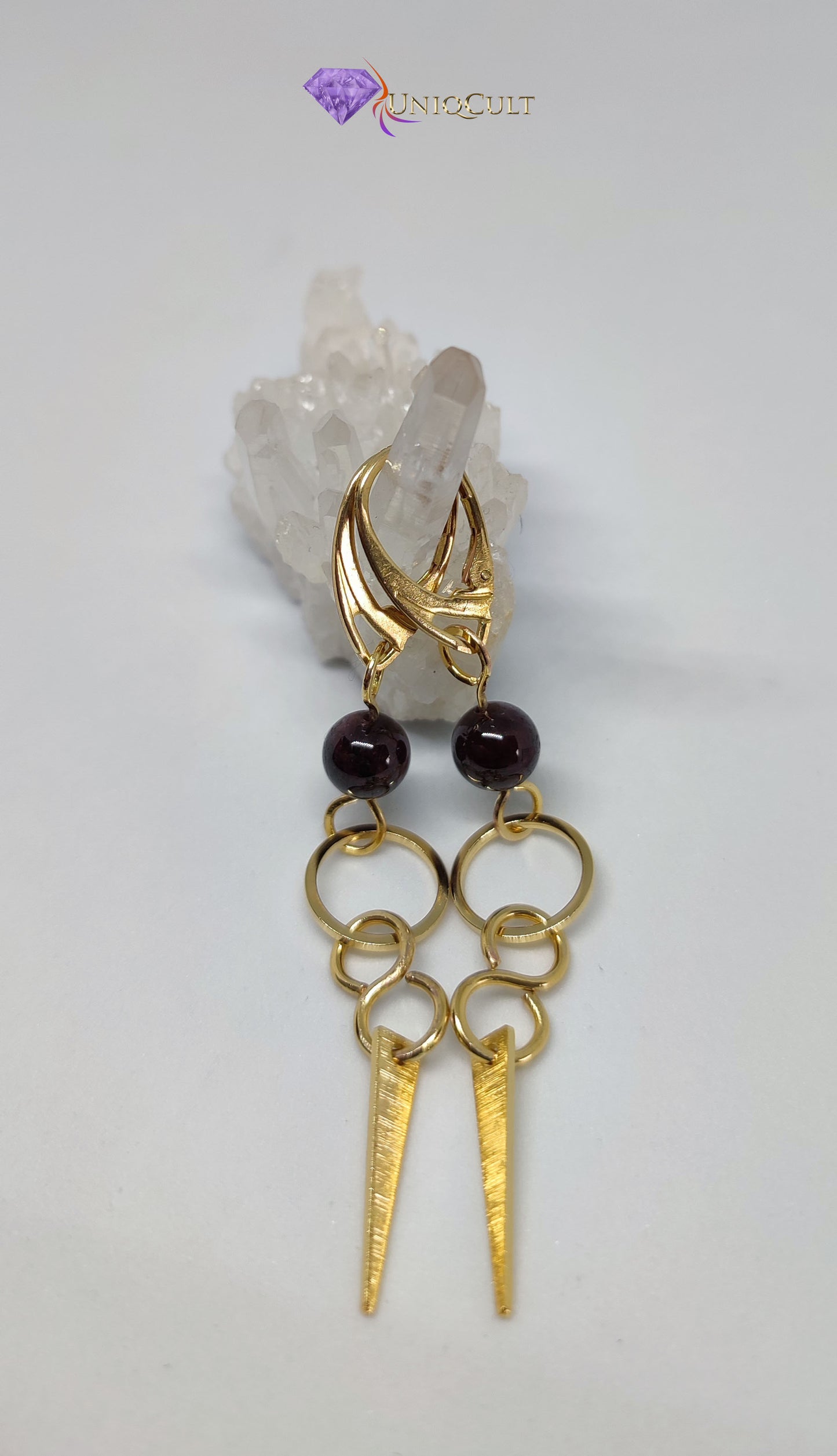 Handmade Edgy Triangle Spike Brass Garnet Earrings