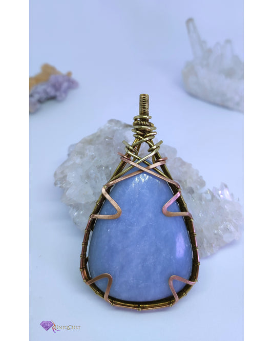 Brass & Copper Wire Wrapped Natural Milky Blue Untreated Angelite Pendant