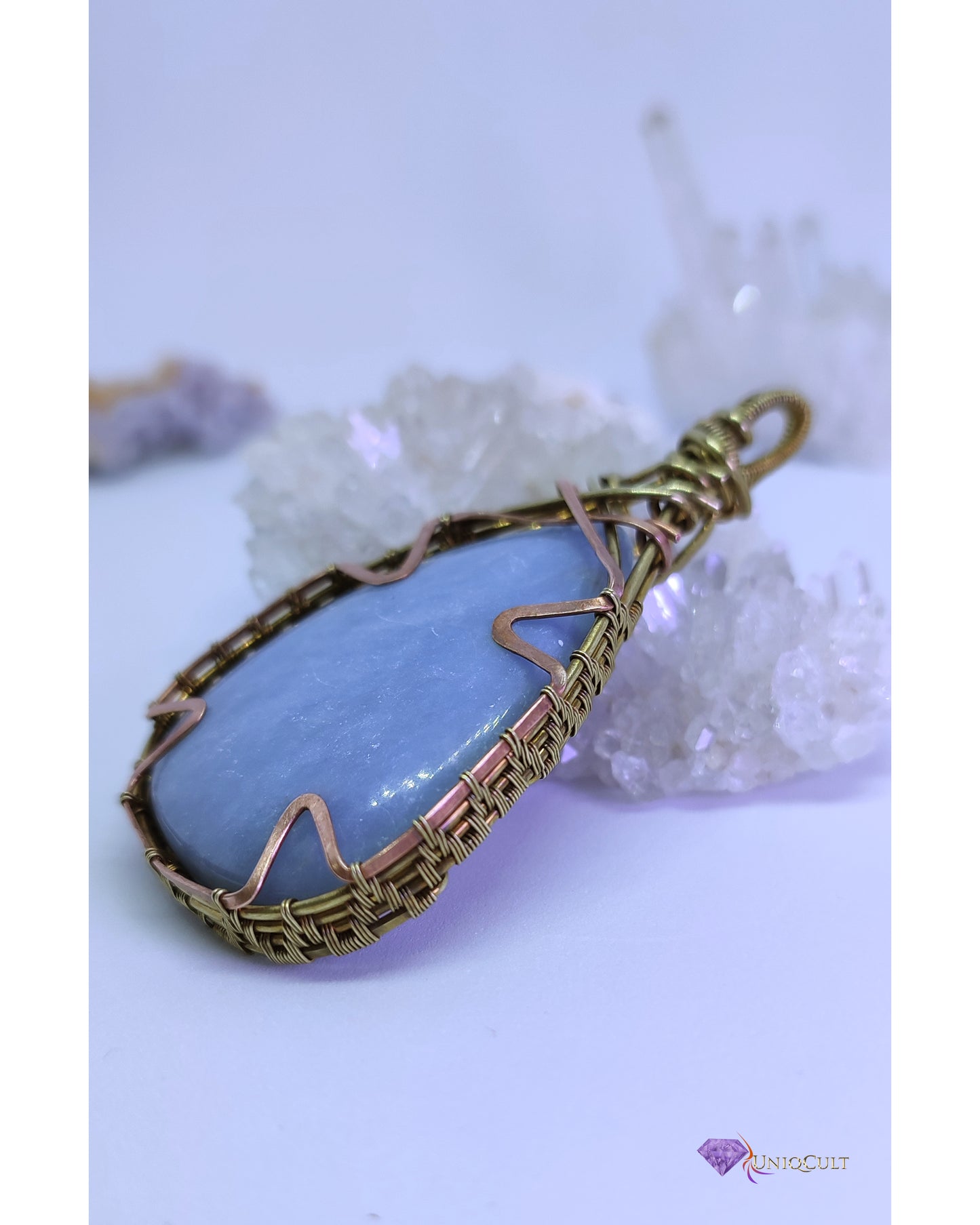 Brass & Copper Wire Wrapped Natural Milky Blue Untreated Angelite Pendant