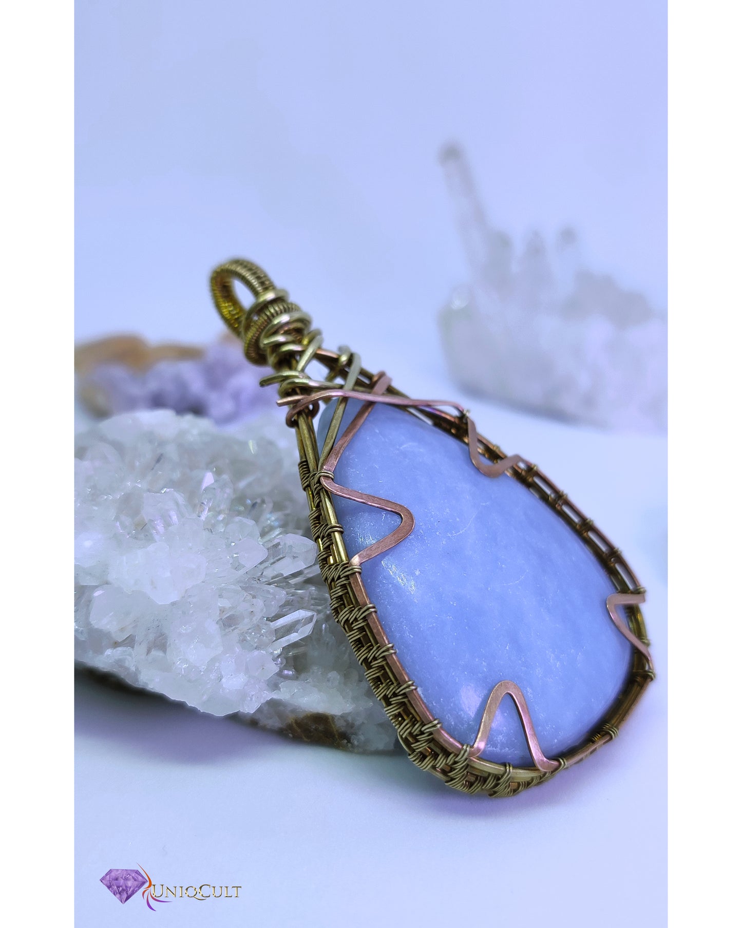 Brass & Copper Wire Wrapped Natural Milky Blue Untreated Angelite Pendant