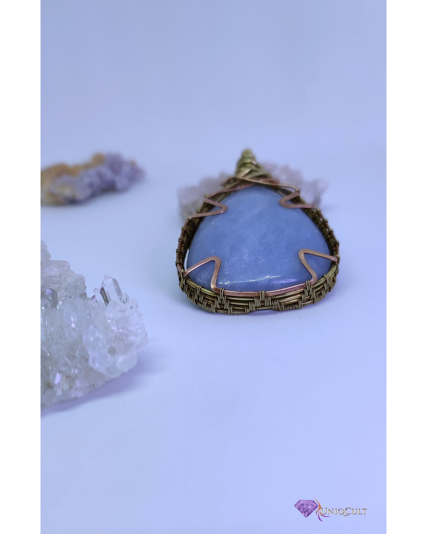 Brass & Copper Wire Wrapped Natural Milky Blue Untreated Angelite Pendant