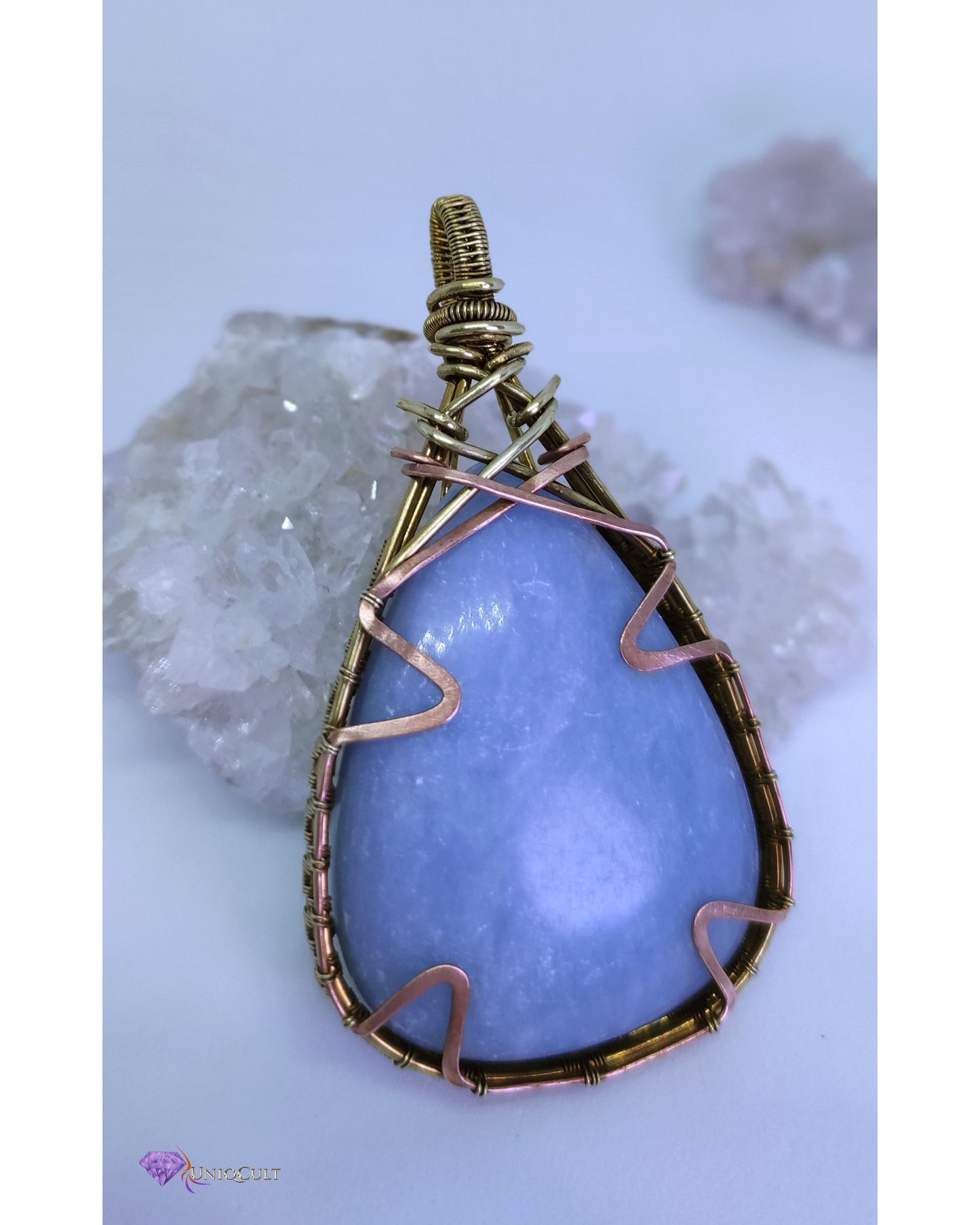 Brass & Copper Wire Wrapped Natural Milky Blue Untreated Angelite Pendant