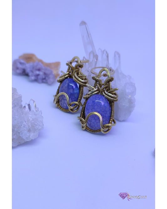 The Dragon Eggs - Handmade Blue Dragon Veins Agate Brass Wire Wrapped Earrings