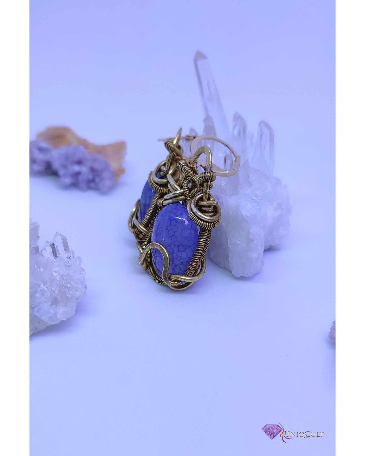 The Dragon Eggs - Handmade Blue Dragon Veins Agate Brass Wire Wrapped Earrings