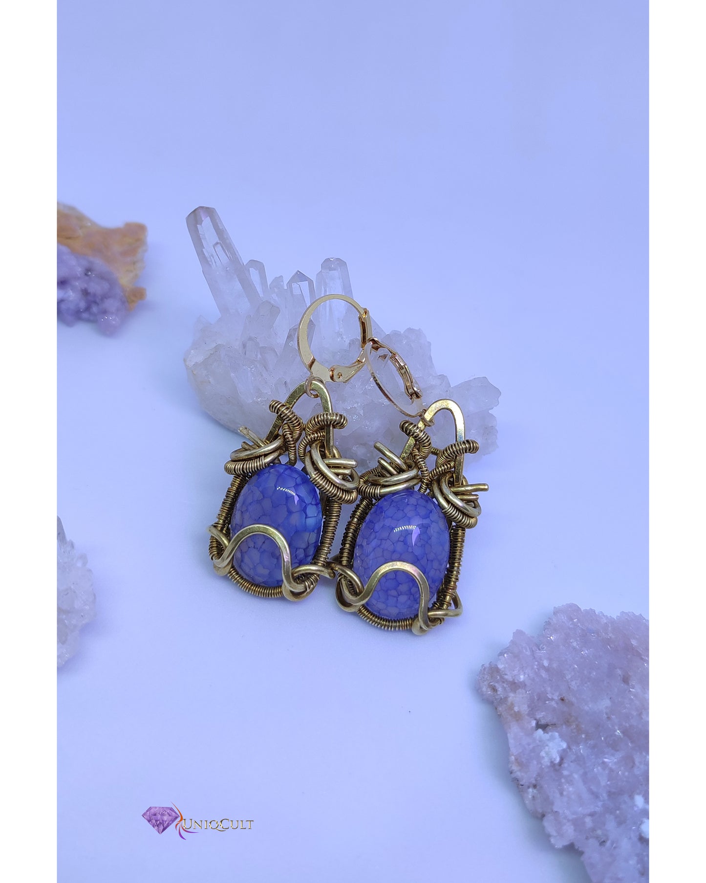 The Dragon Eggs - Handmade Blue Dragon Veins Agate Brass Wire Wrapped Earrings