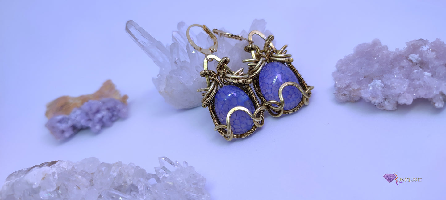 The Dragon Eggs - Handmade Blue Dragon Veins Agate Brass Wire Wrapped Earrings