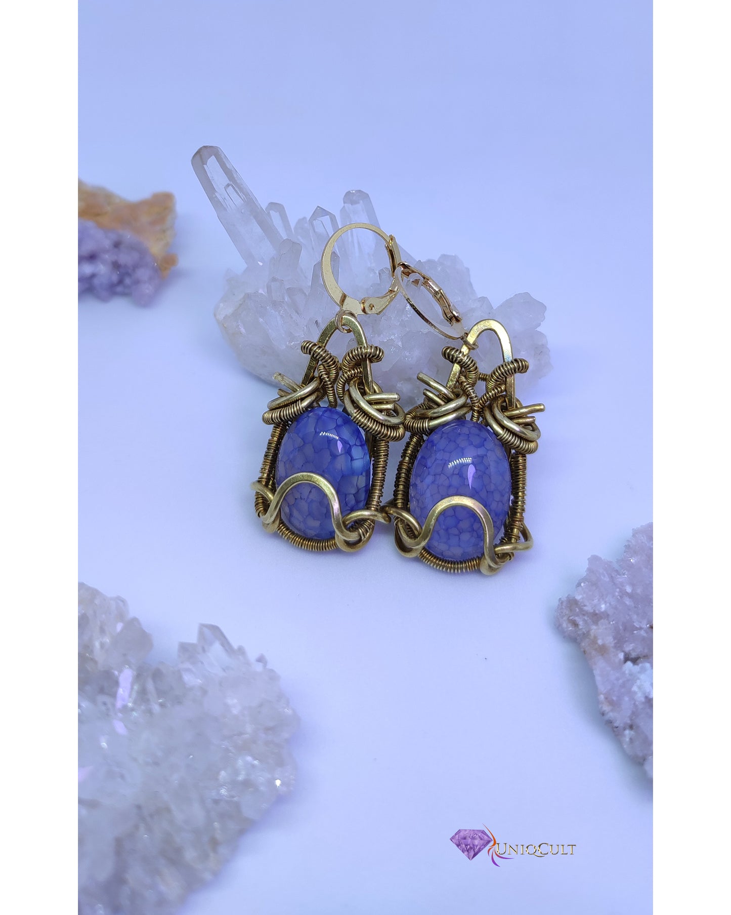 The Dragon Eggs - Handmade Blue Dragon Veins Agate Brass Wire Wrapped Earrings