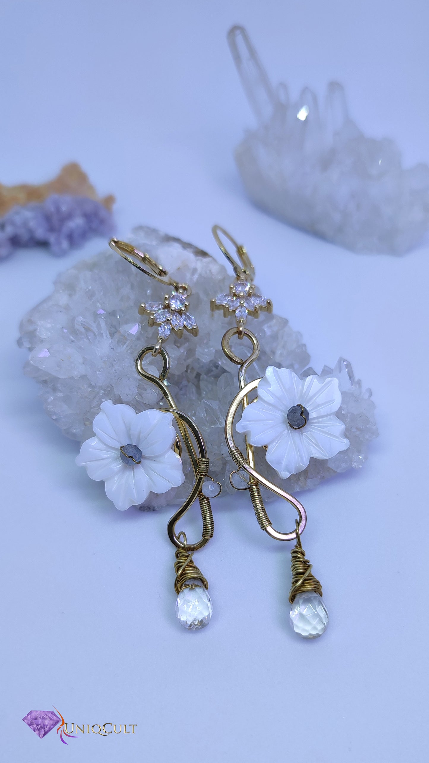 Handmade Brass Earrings with Natural Shell Flower Charms, tiny Labradorite, Moonstone beads & Faceted Rock Crystal