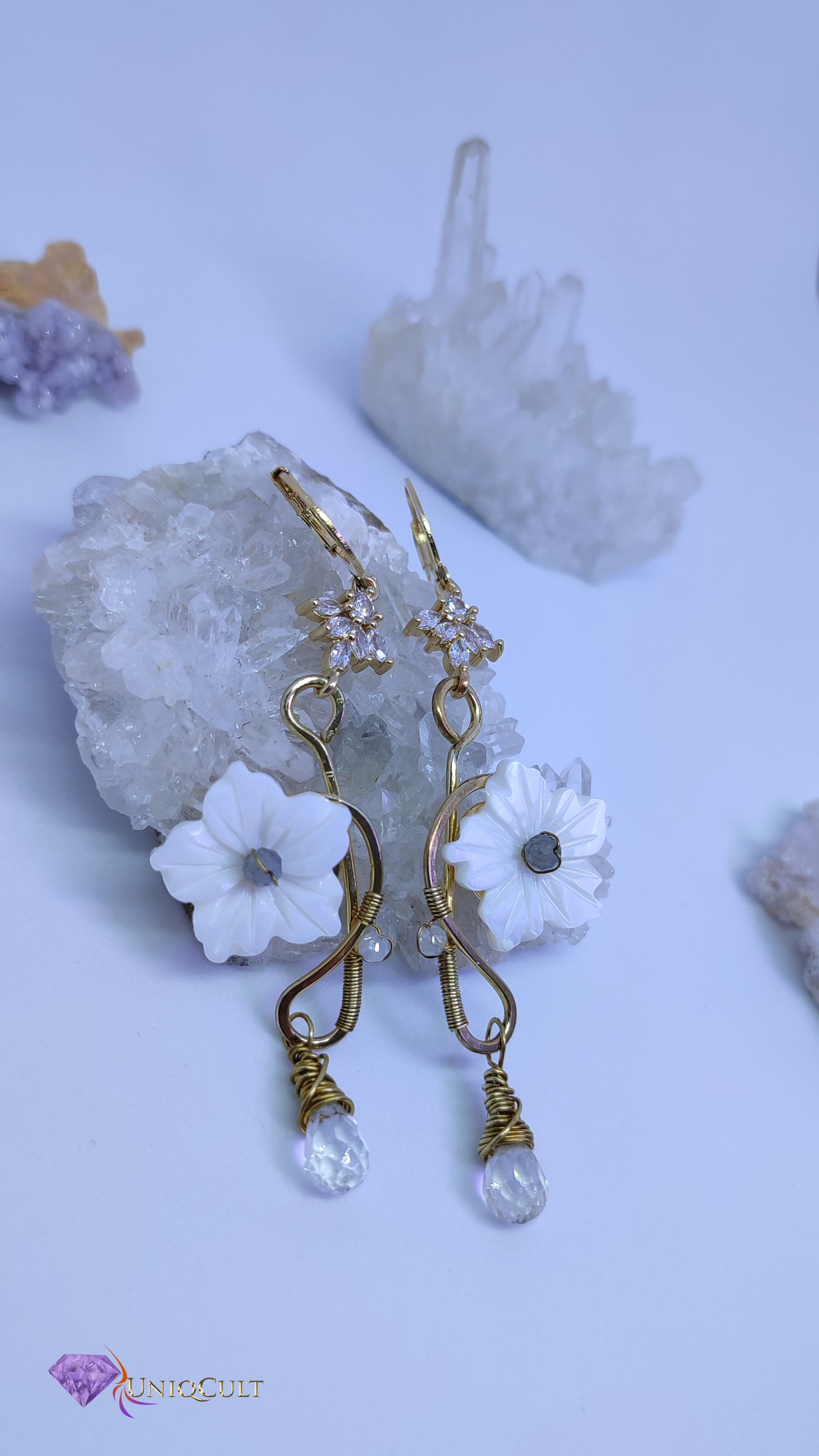 Handmade Brass Earrings with Natural Shell Flower Charms, tiny Labradorite, Moonstone beads & Faceted Rock Crystal