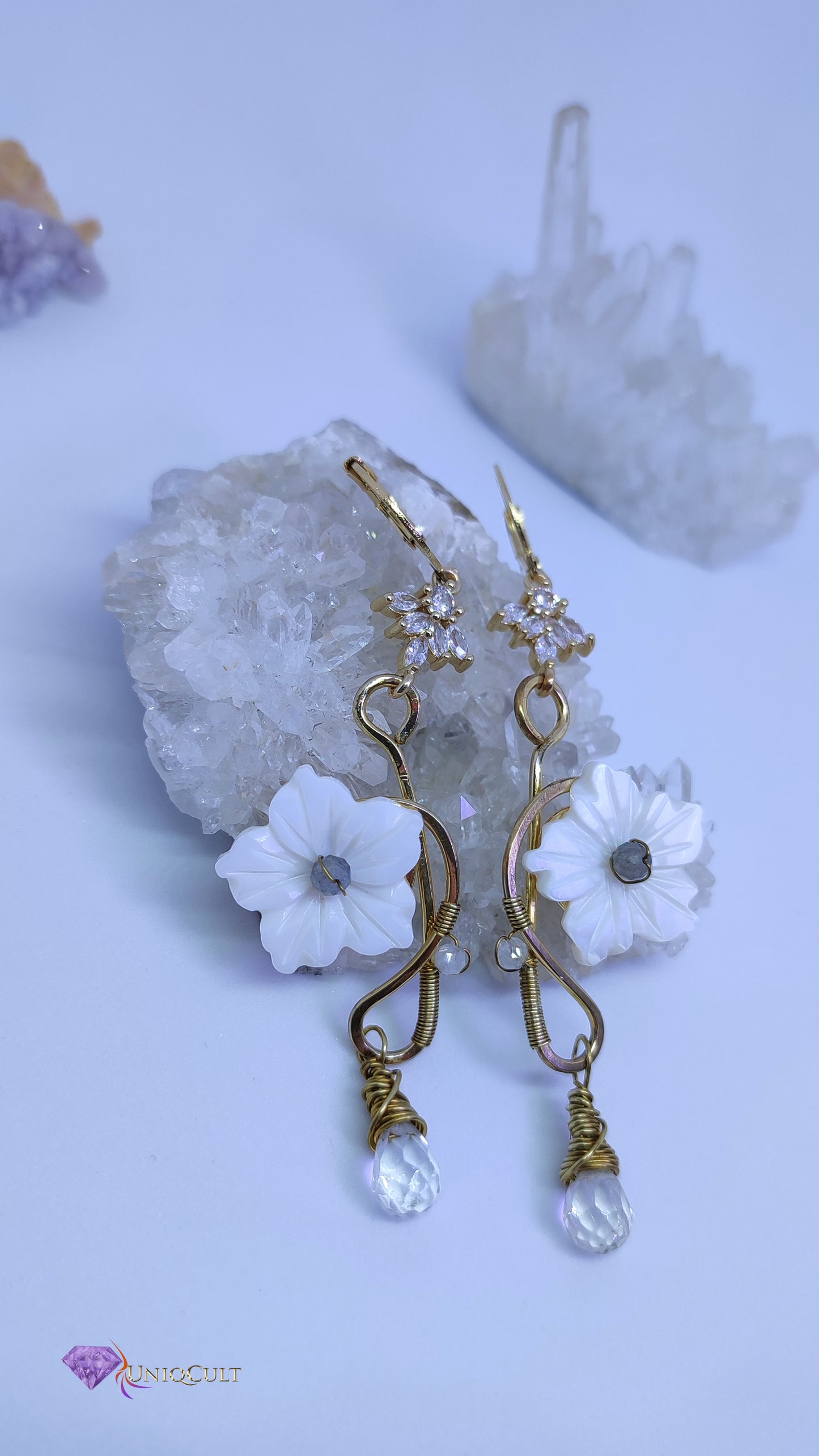 Handmade Brass Earrings with Natural Shell Flower Charms, tiny Labradorite, Moonstone beads & Faceted Rock Crystal