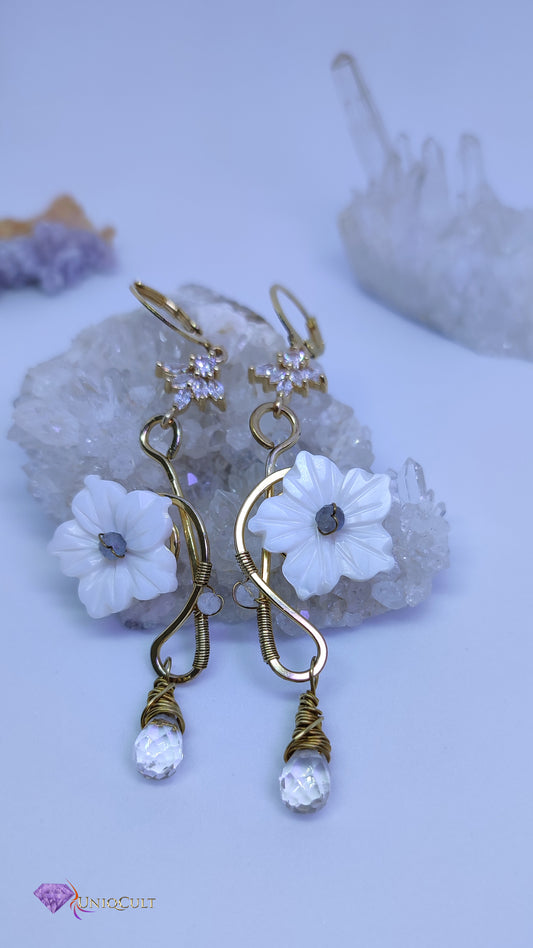 Handmade Brass Earrings with Natural Shell Flower Charms, tiny Labradorite, Moonstone beads & Faceted Rock Crystal