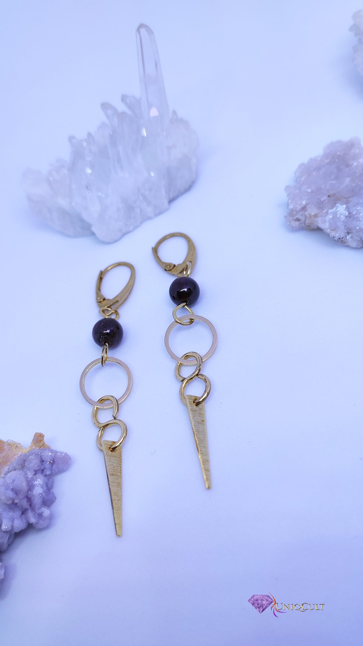 Handmade Edgy Triangle Spike Brass Garnet Earrings