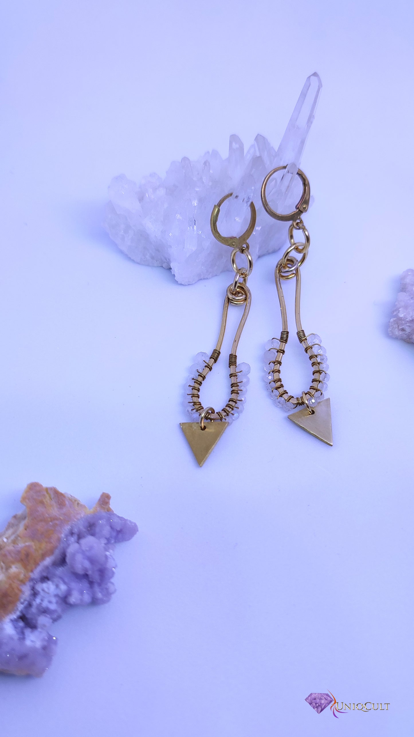 Handmade Edgy Brass Triangle Moonstone Earrings