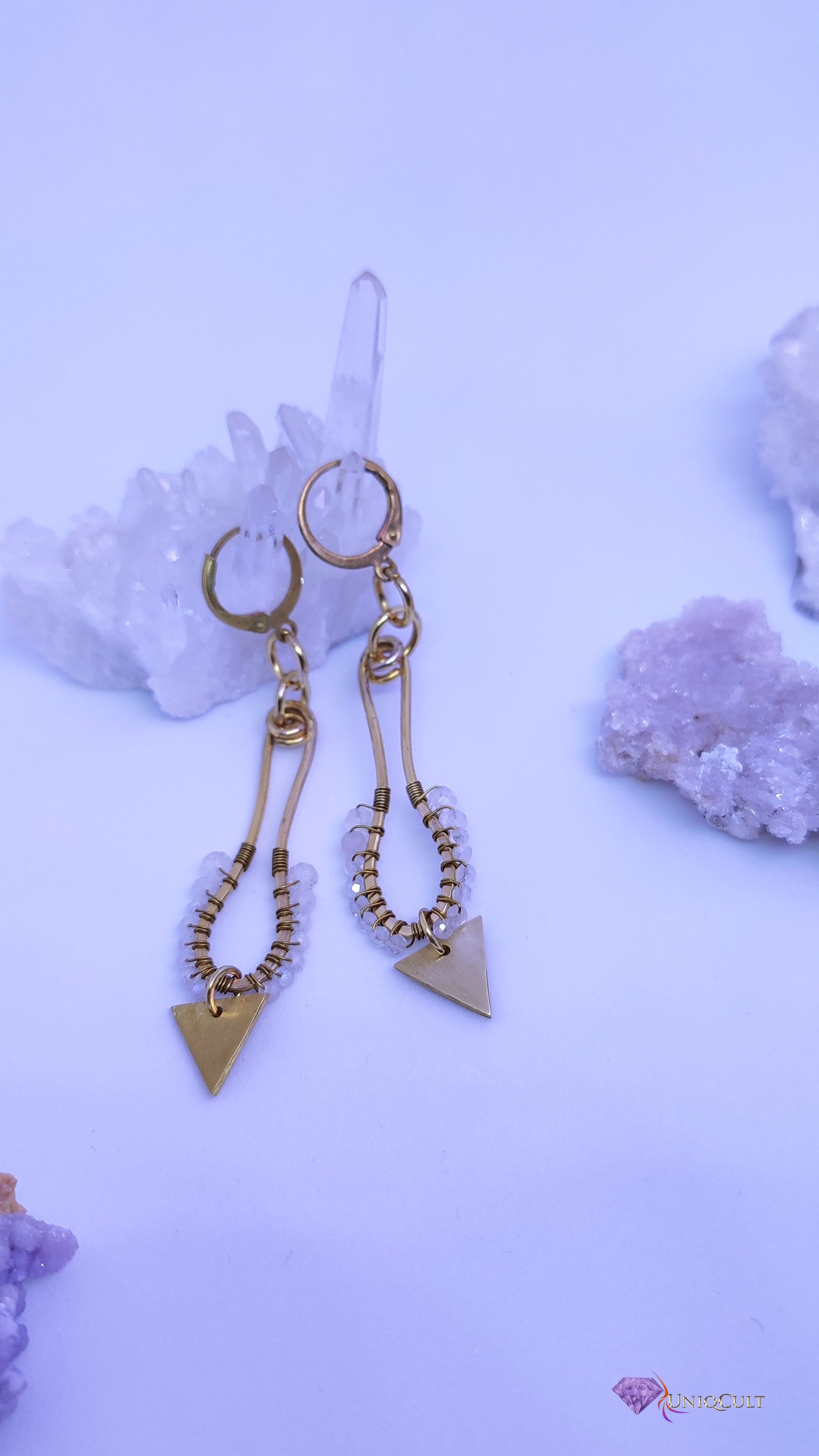 Handmade Edgy Brass Triangle Moonstone Earrings