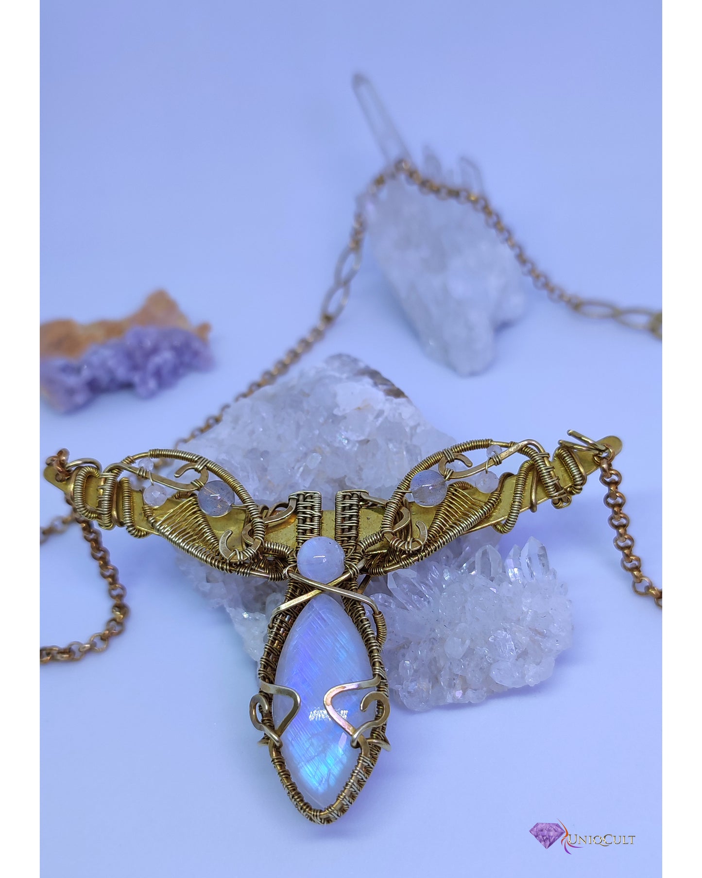 Handmade Elven Inspired Brass Wire Wrapped Rainbow Moonstone Statement Pendant