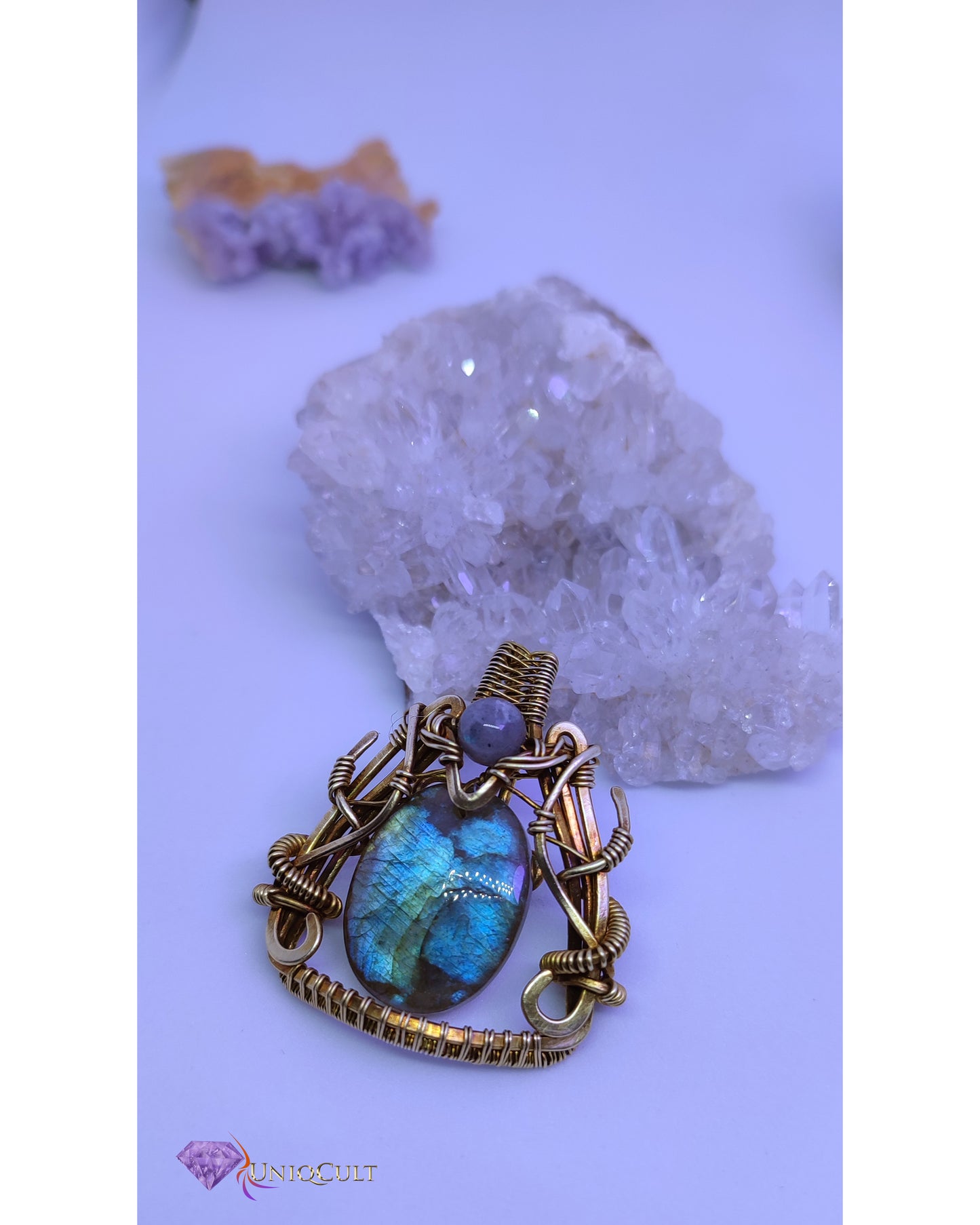 Handmade Brass Wire Labradorite Triangle Pendant