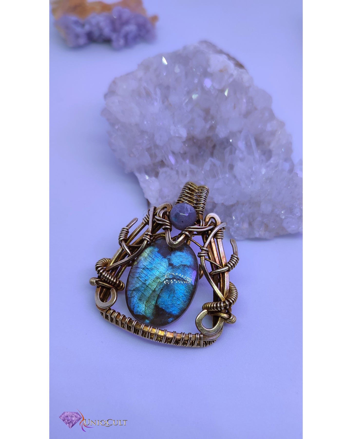 Handmade Brass Wire Labradorite Triangle Pendant