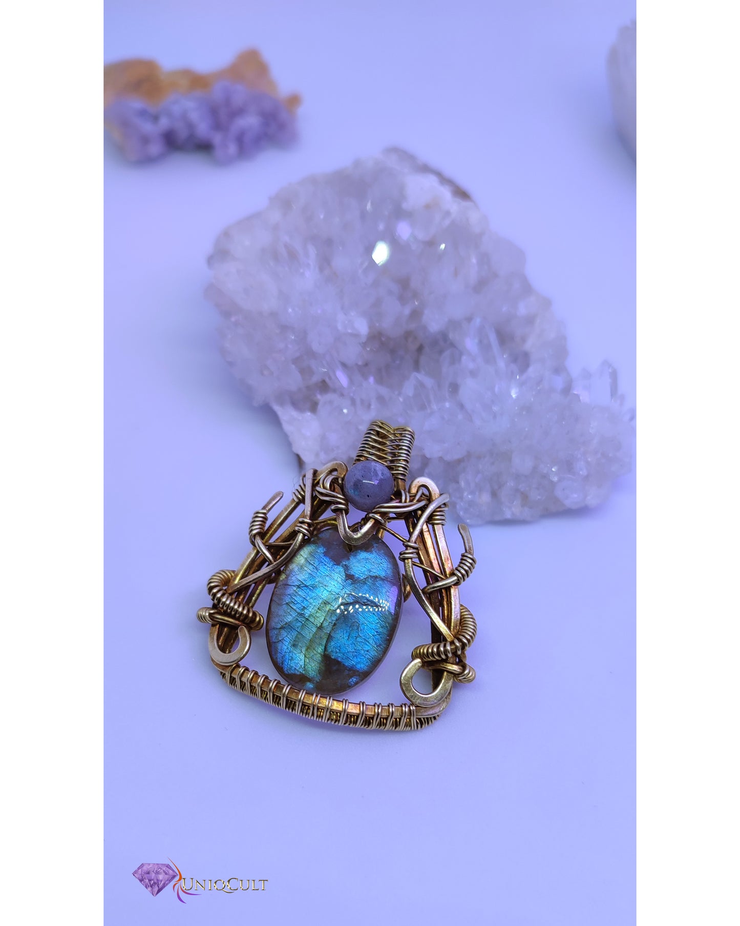 Handmade Brass Wire Labradorite Triangle Pendant