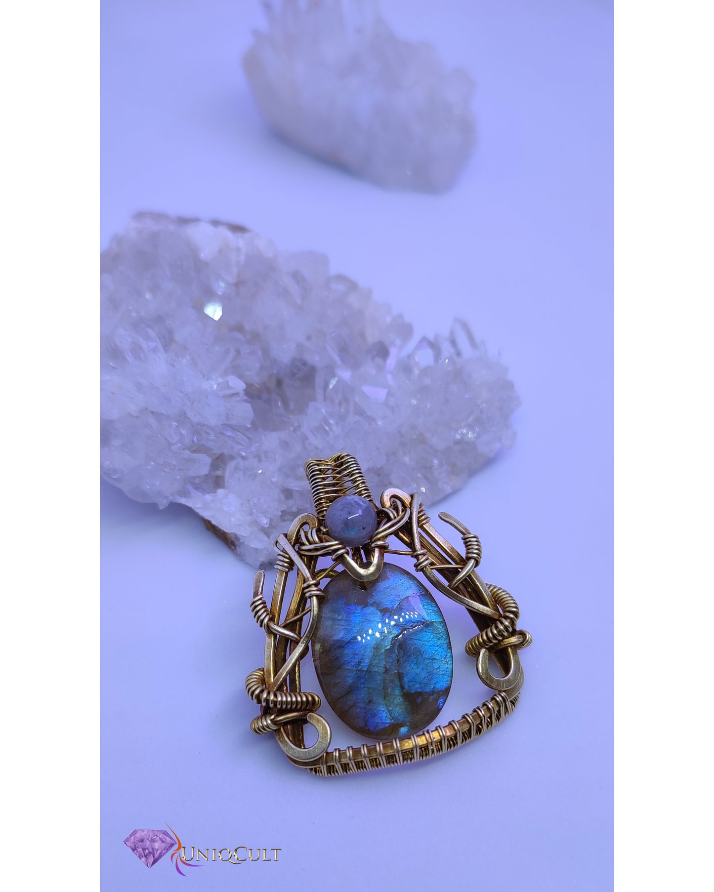 Handmade Brass Wire Labradorite Triangle Pendant