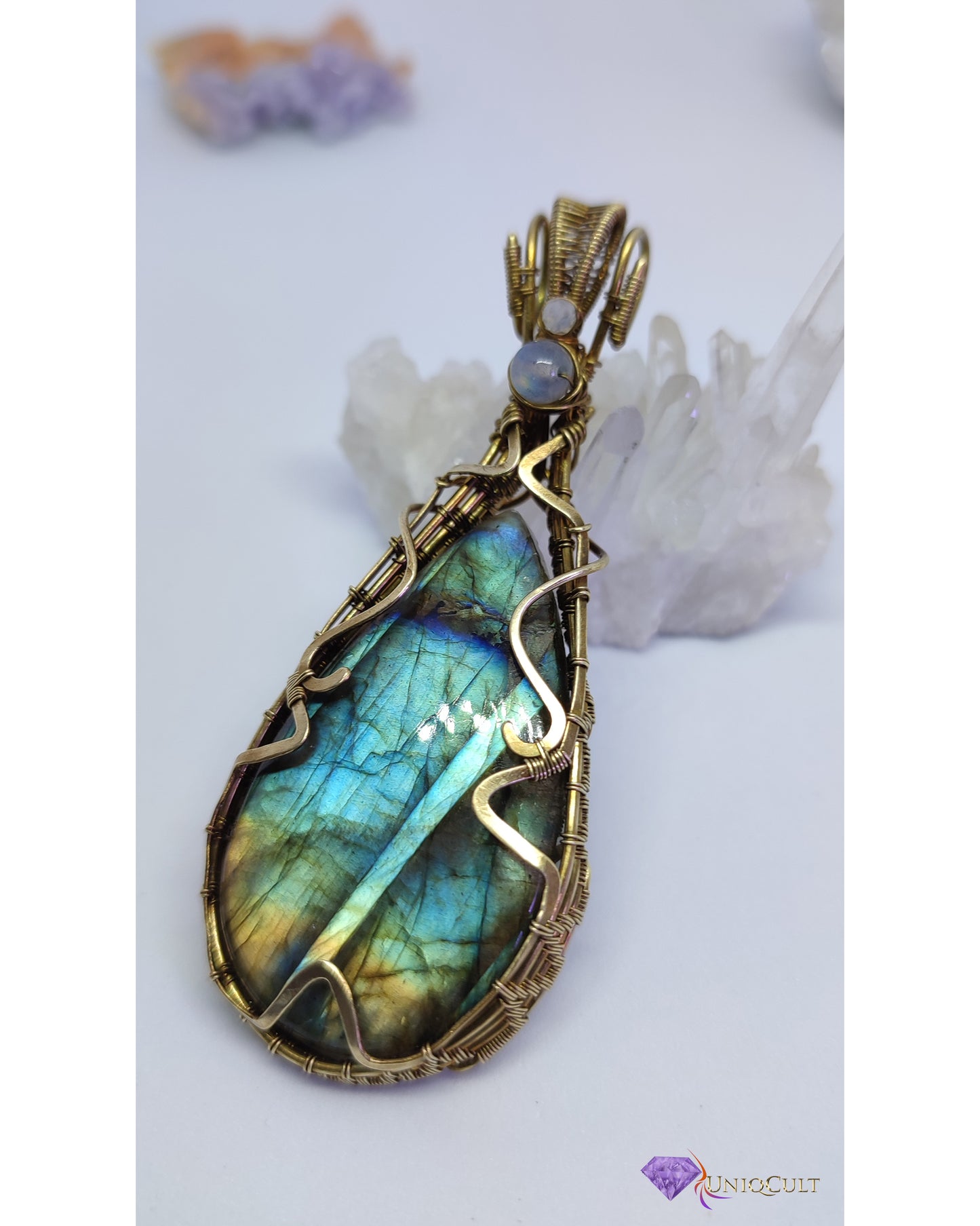 Brass Wire Wrapped Multicoloured Labradorite Gemstone Pendant