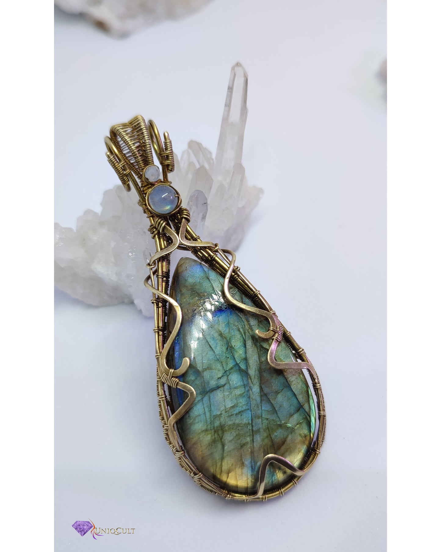 Brass Wire Wrapped Multicoloured Labradorite Gemstone Pendant