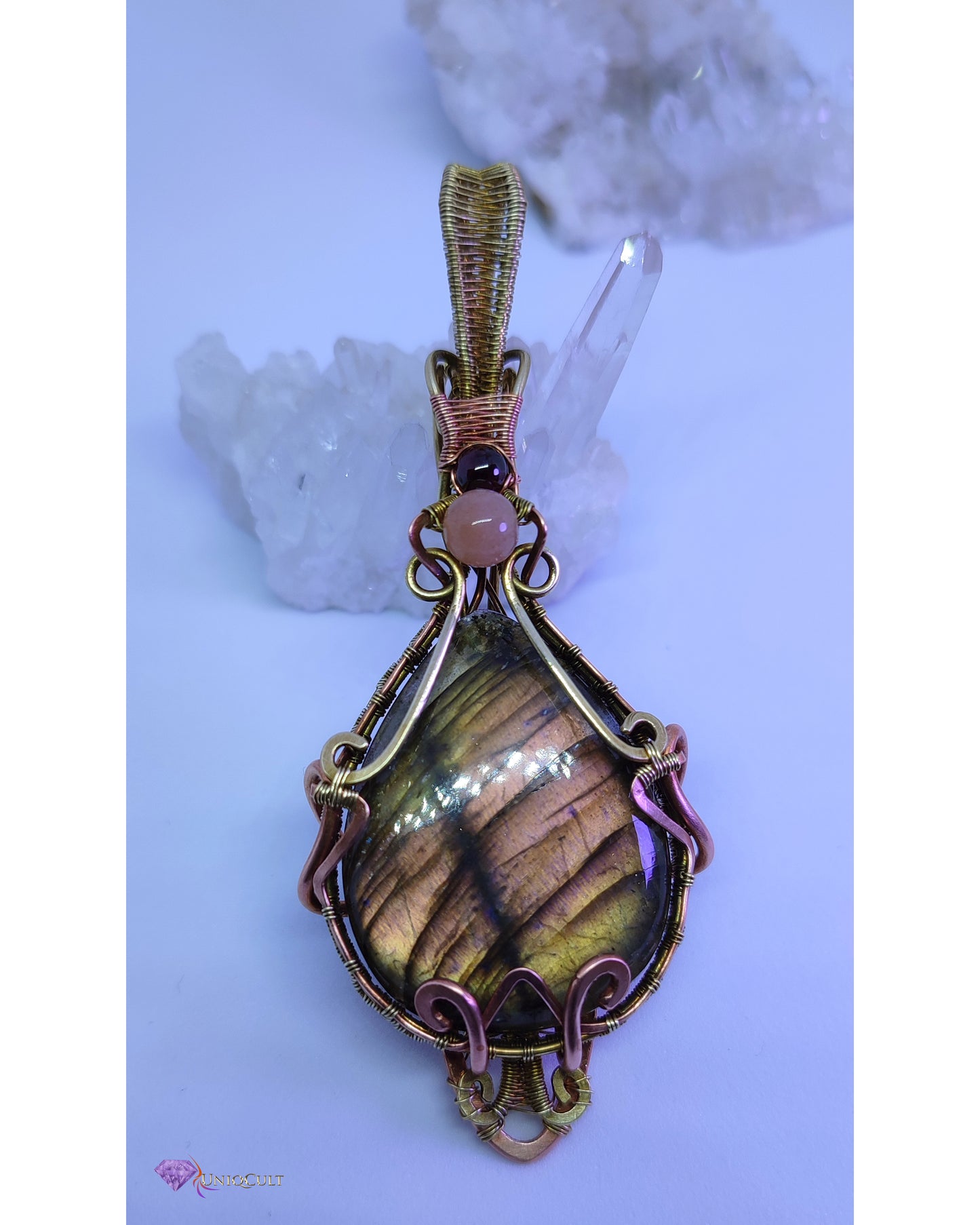 Brass & Copper Wire Wrapped Multicoloured Labradorite Gemstone Pendant