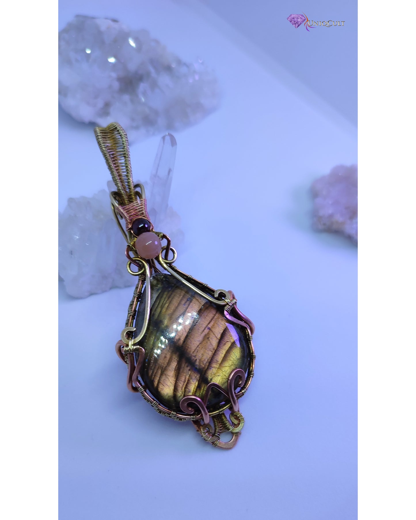 Brass & Copper Wire Wrapped Multicoloured Labradorite Gemstone Pendant