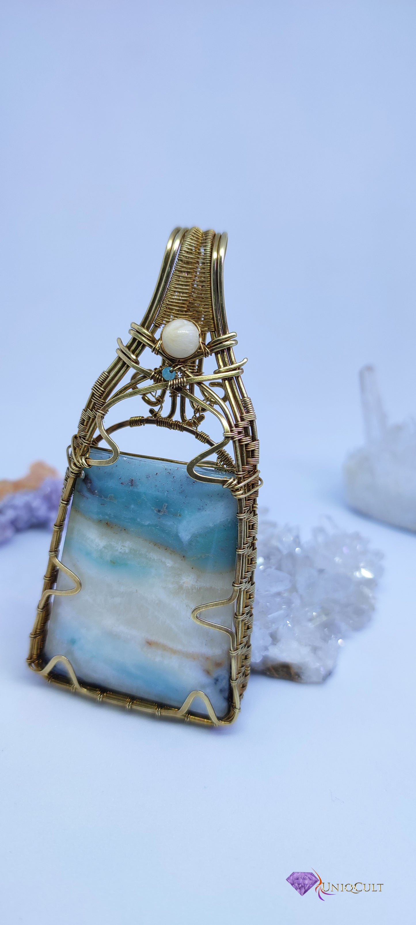 Elegant Brass Wire Wrapped Amazonite Pendant with a Calcite and tiny Amazonite Bead