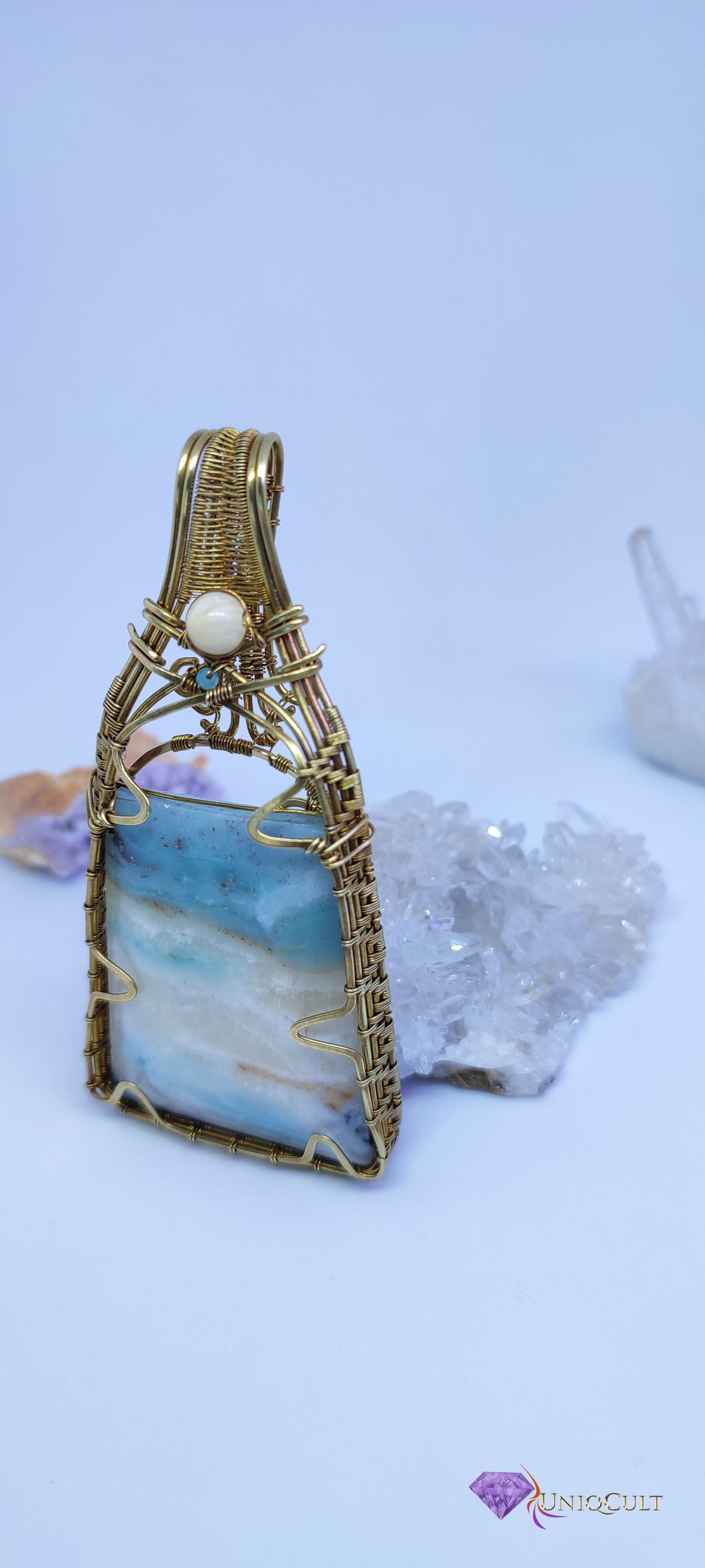 Elegant Brass Wire Wrapped Amazonite Pendant with a Calcite and tiny Amazonite Bead