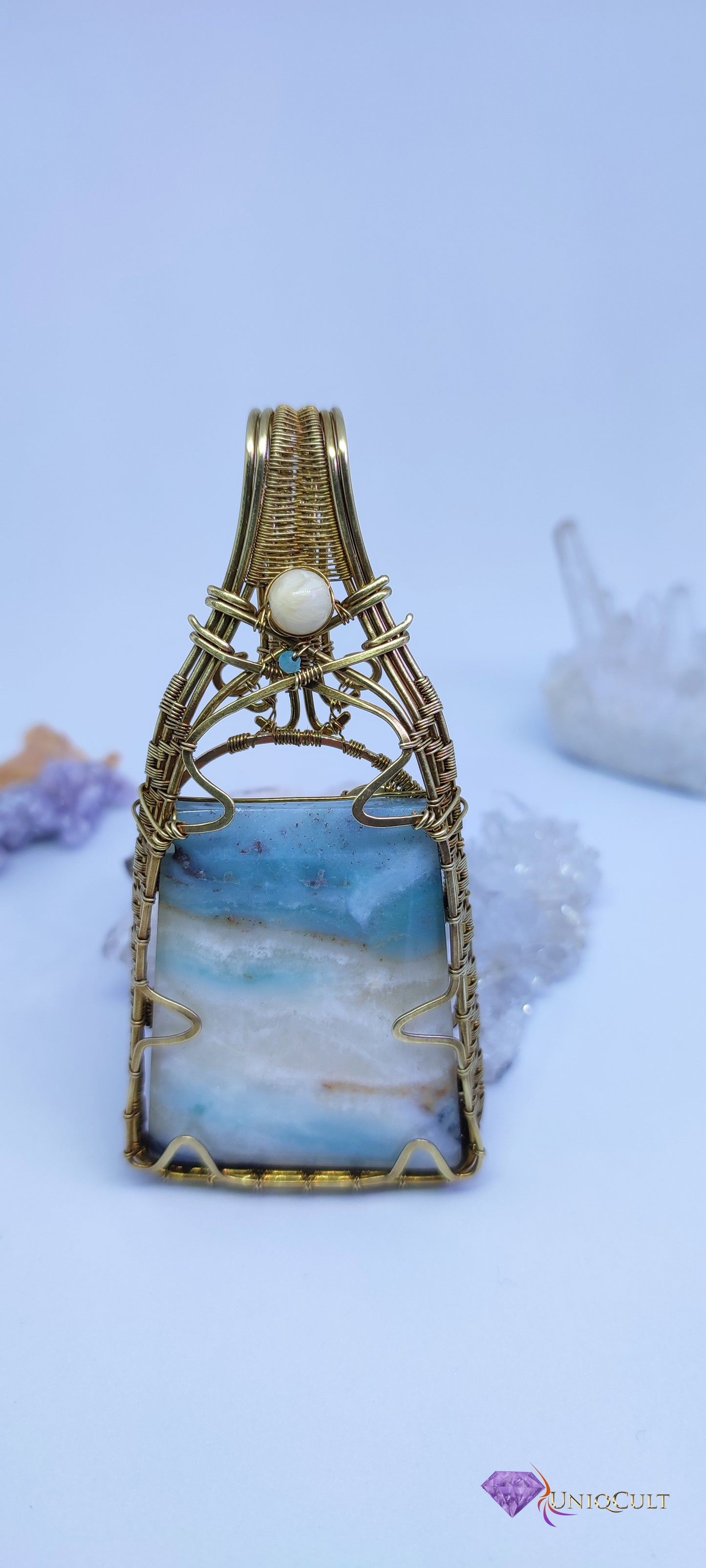 Elegant Brass Wire Wrapped Amazonite Pendant with a Calcite and tiny Amazonite Bead