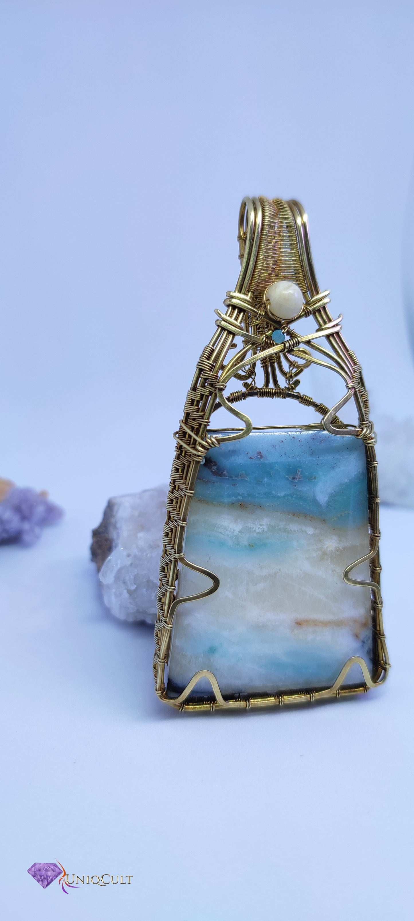 Elegant Brass Wire Wrapped Amazonite Pendant with a Calcite and tiny Amazonite Bead