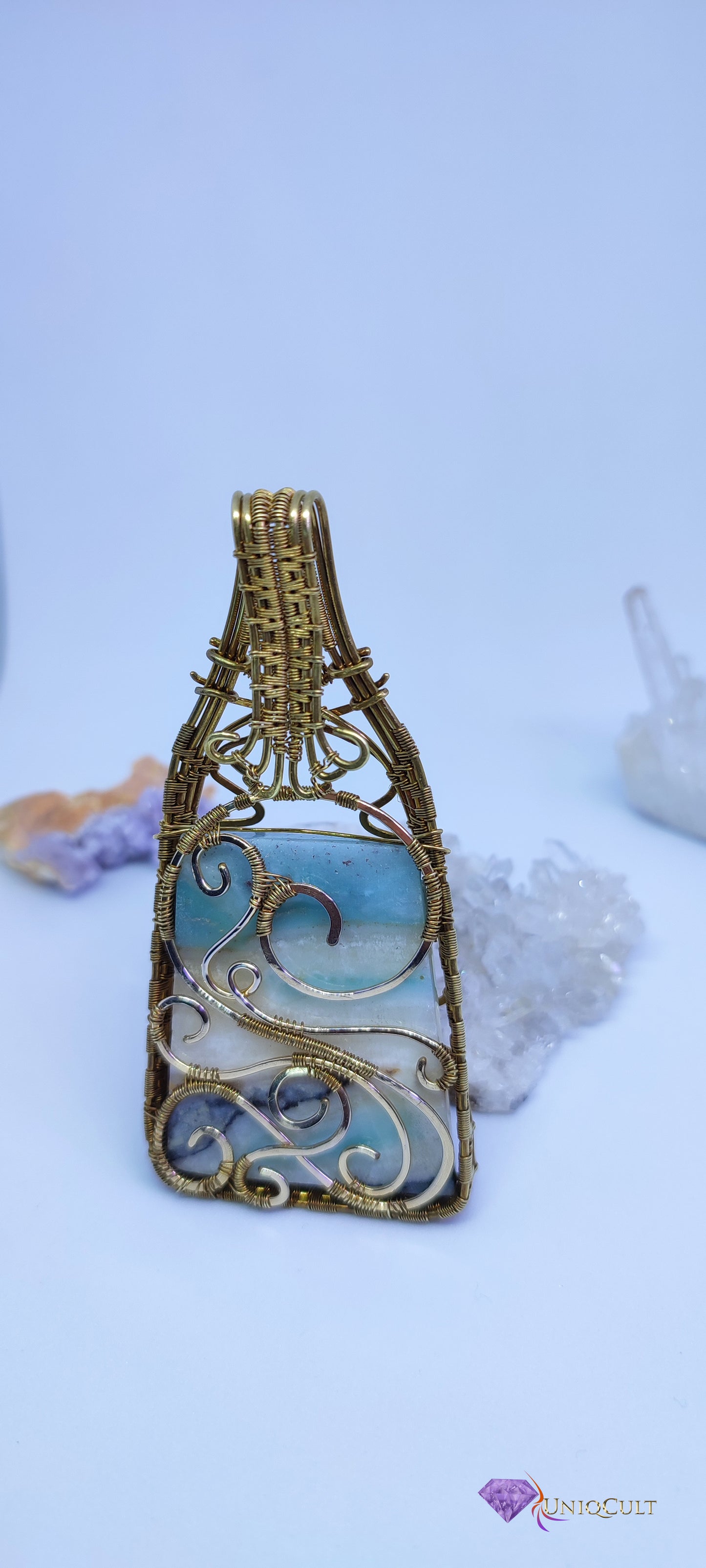 Elegant Brass Wire Wrapped Amazonite Pendant with a Calcite and tiny Amazonite Bead