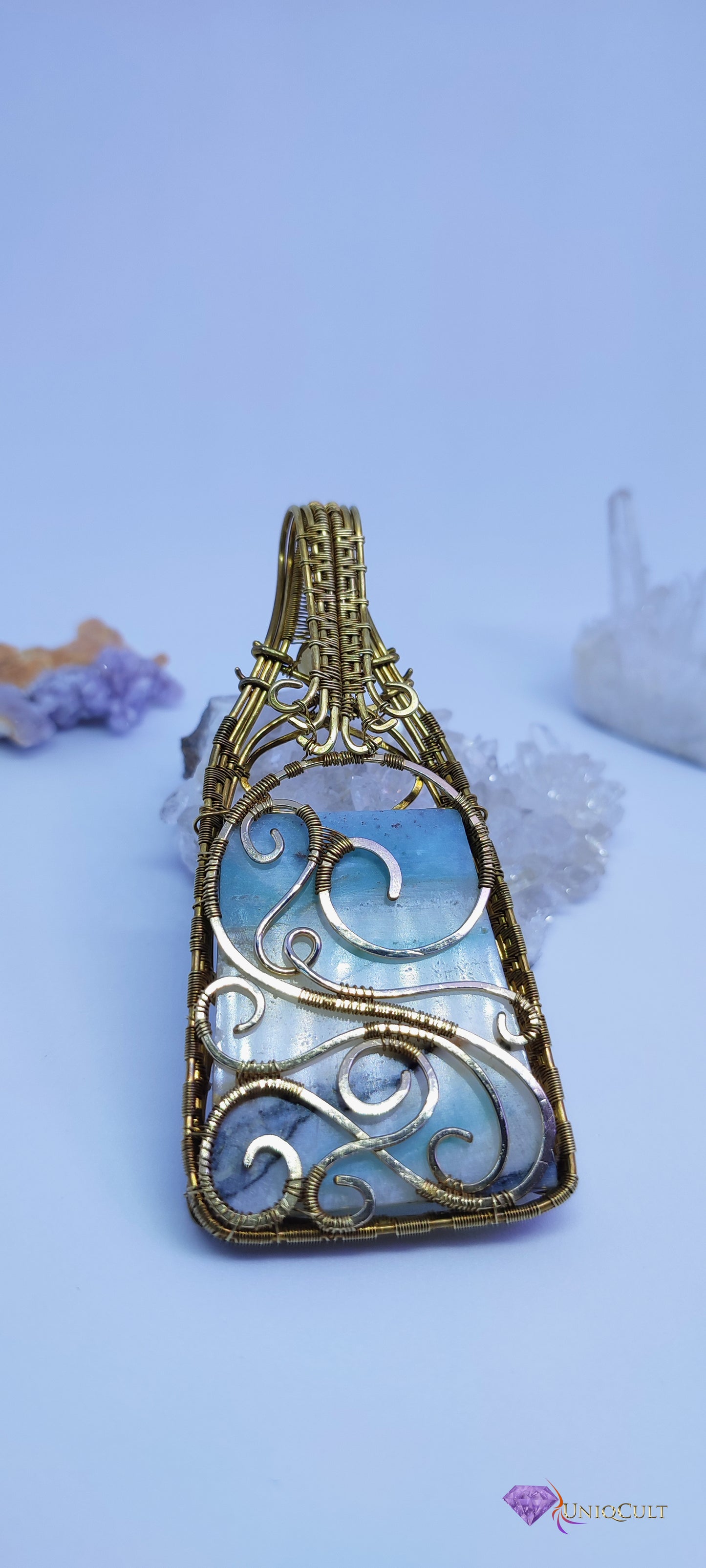 Elegant Brass Wire Wrapped Amazonite Pendant with a Calcite and tiny Amazonite Bead