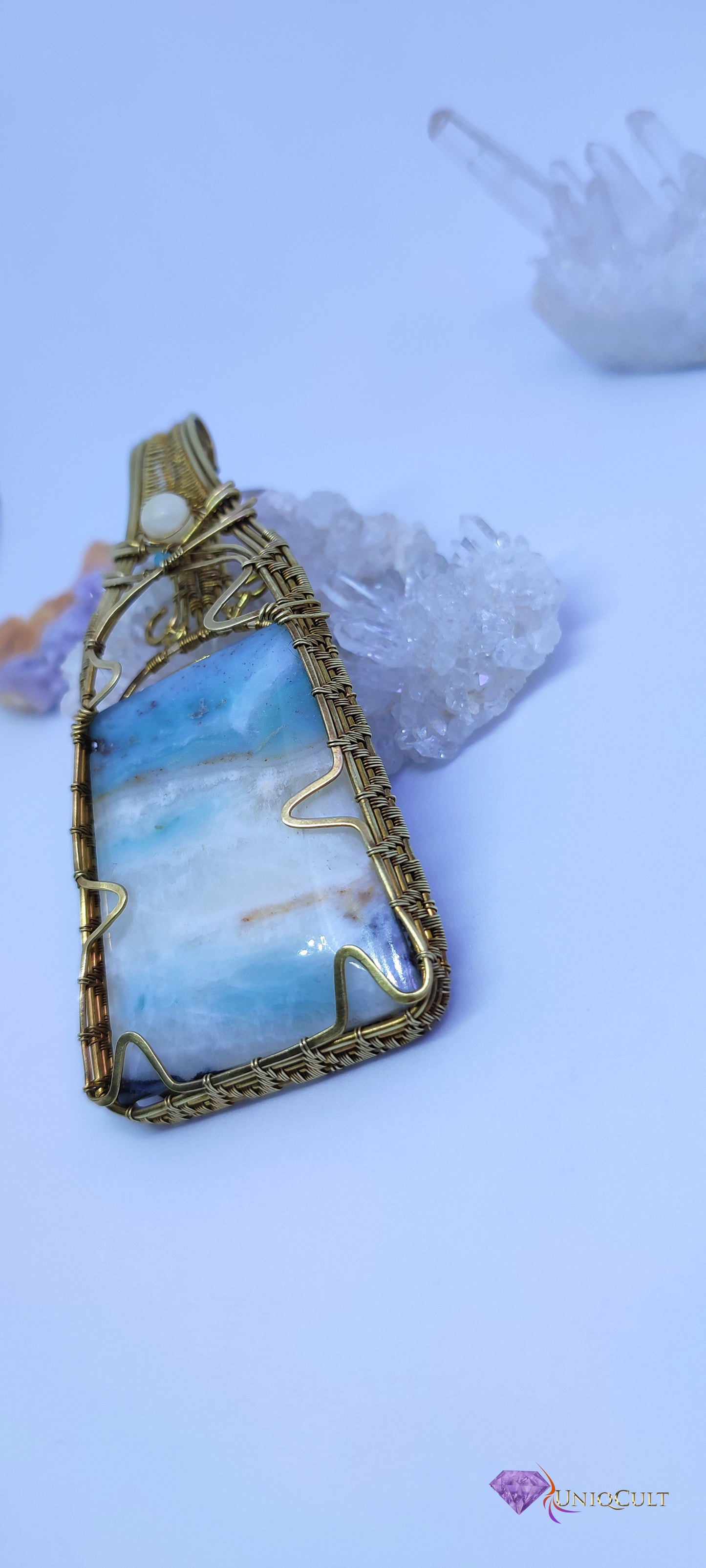 Elegant Brass Wire Wrapped Amazonite Pendant with a Calcite and tiny Amazonite Bead