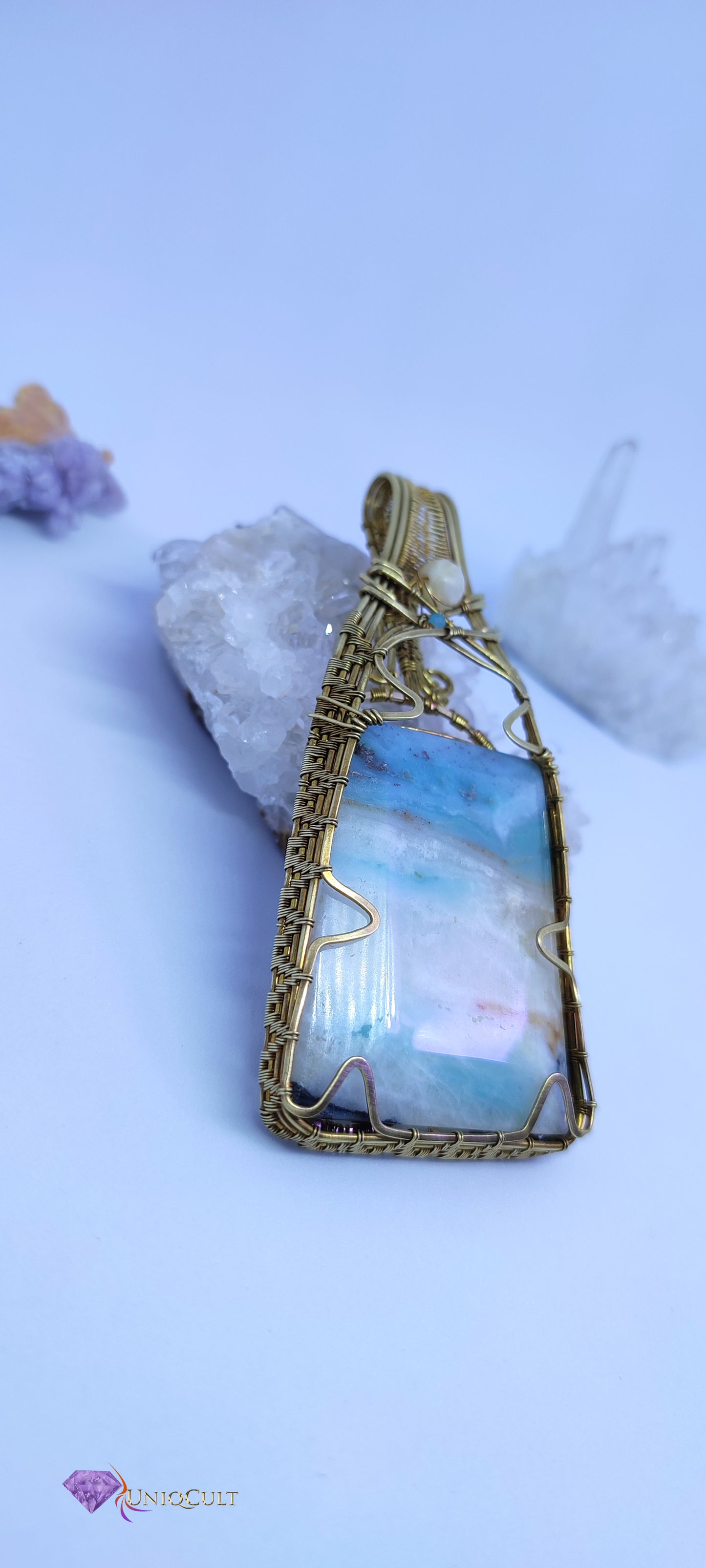 Elegant Brass Wire Wrapped Amazonite Pendant with a Calcite and tiny Amazonite Bead