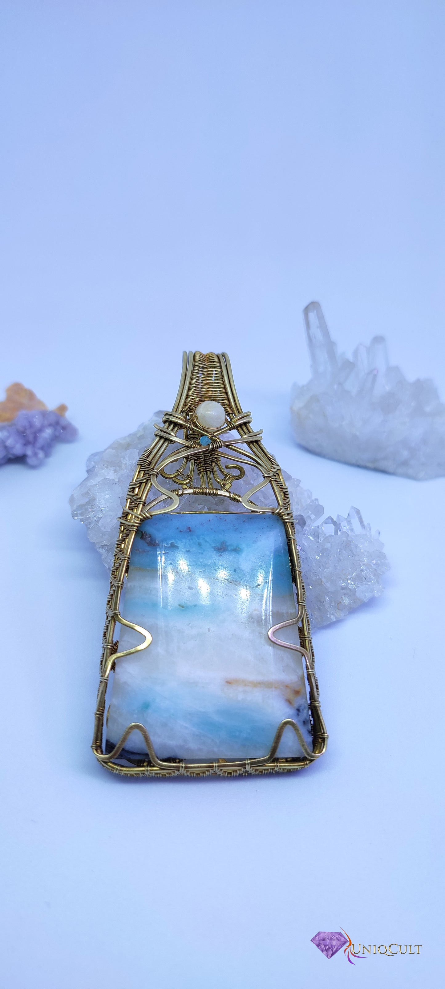 Elegant Brass Wire Wrapped Amazonite Pendant with a Calcite and tiny Amazonite Bead