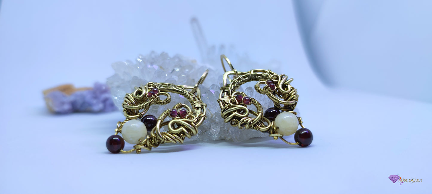 Handmade Elven Style Brass Wire Earrings Decorated with Garnet & Calcite Beads