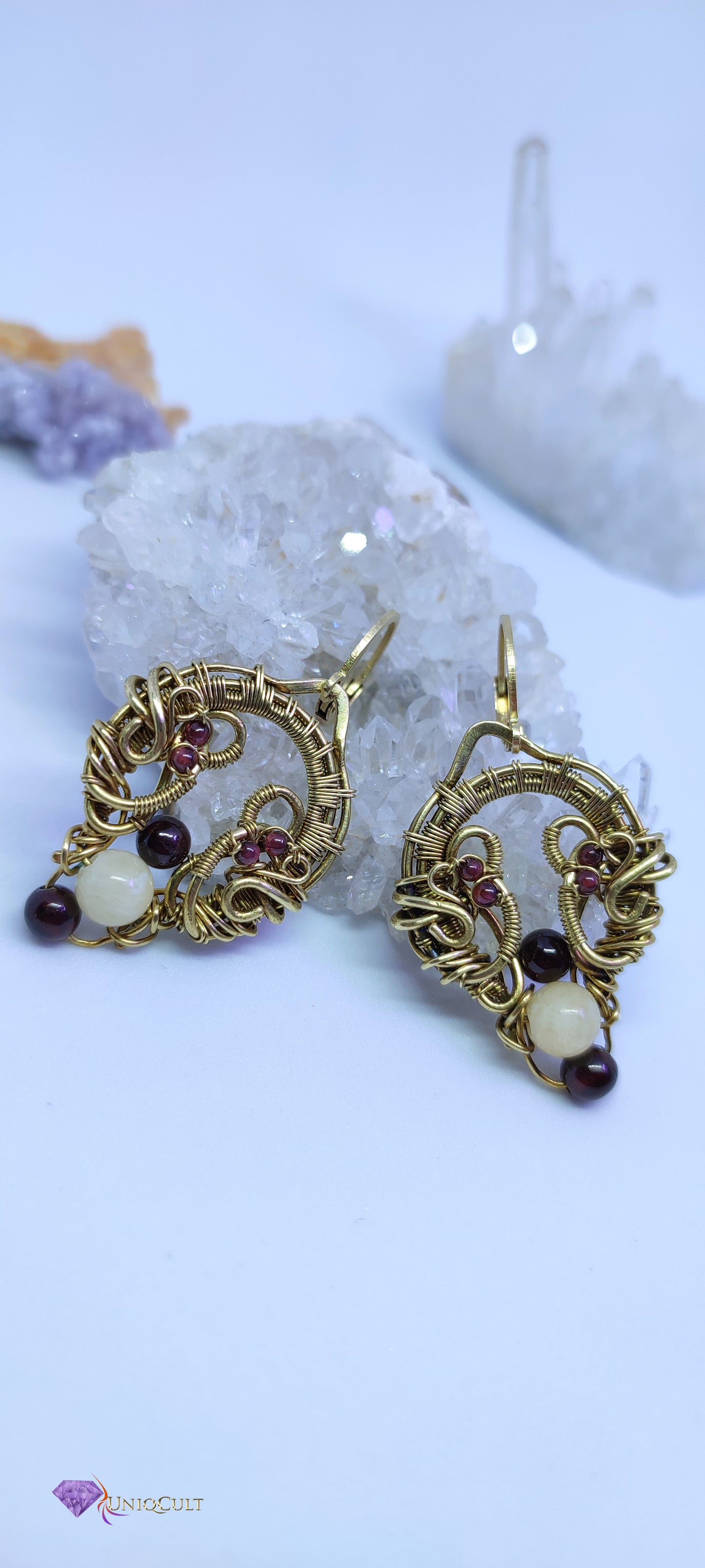 Handmade Elven Style Brass Wire Earrings Decorated with Garnet & Calcite Beads