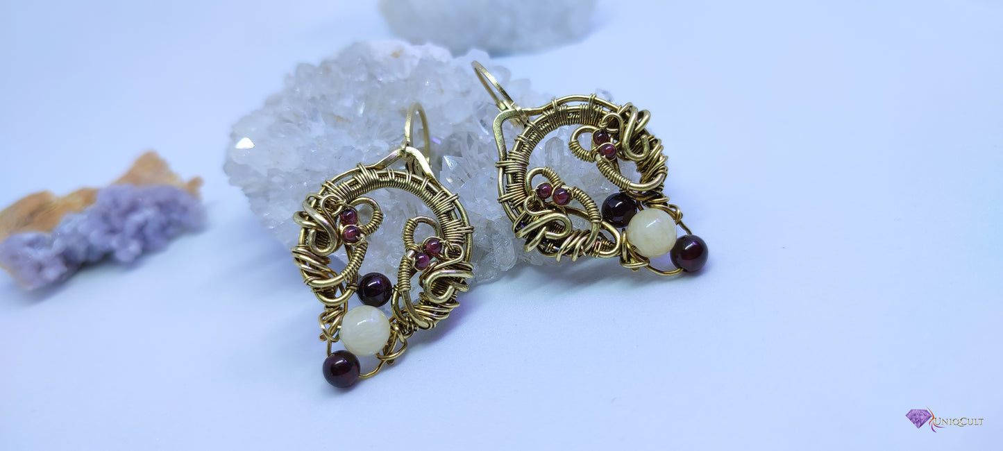 Handmade Elven Style Brass Wire Earrings Decorated with Garnet & Calcite Beads