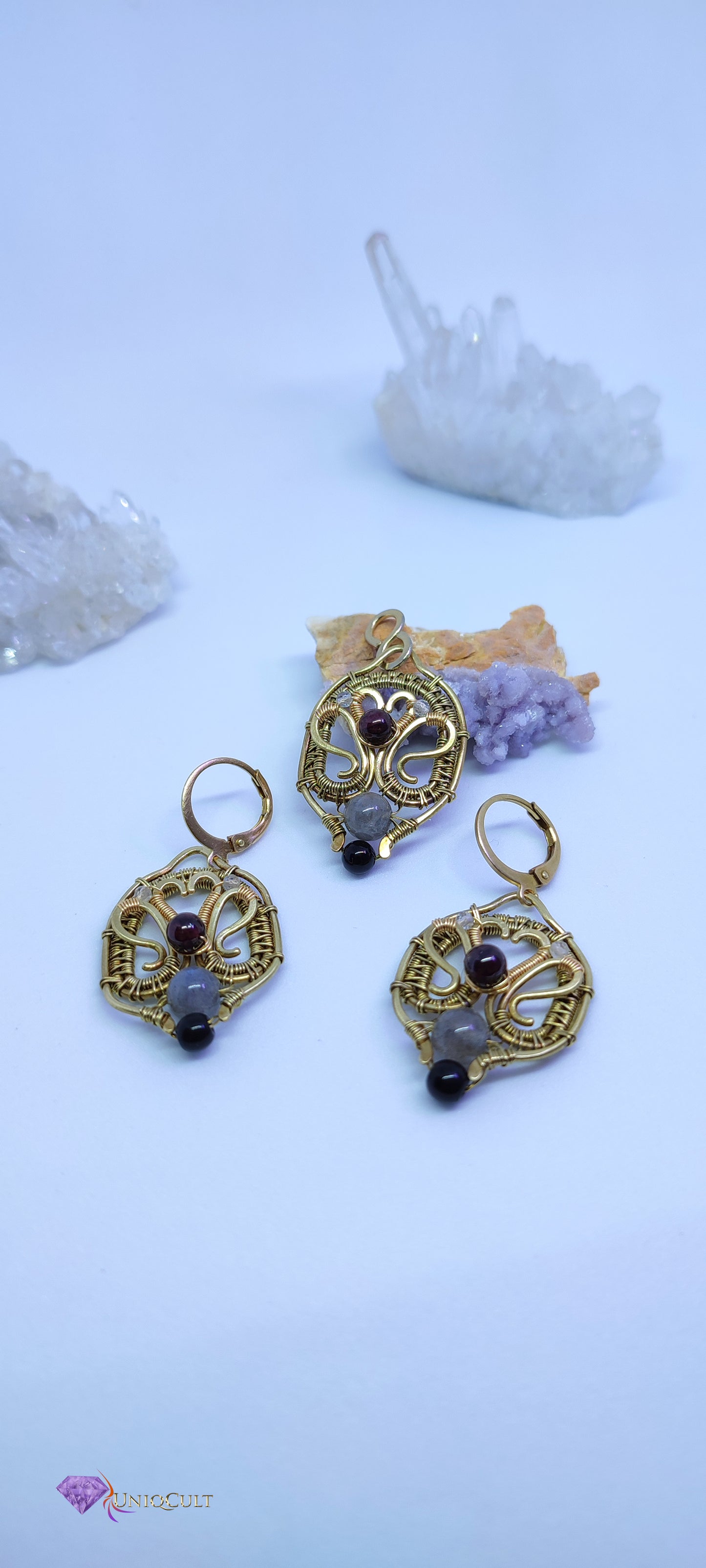 Sweetheart Brass Wire Earrings Decorated with Garnet & Labradorite Beads