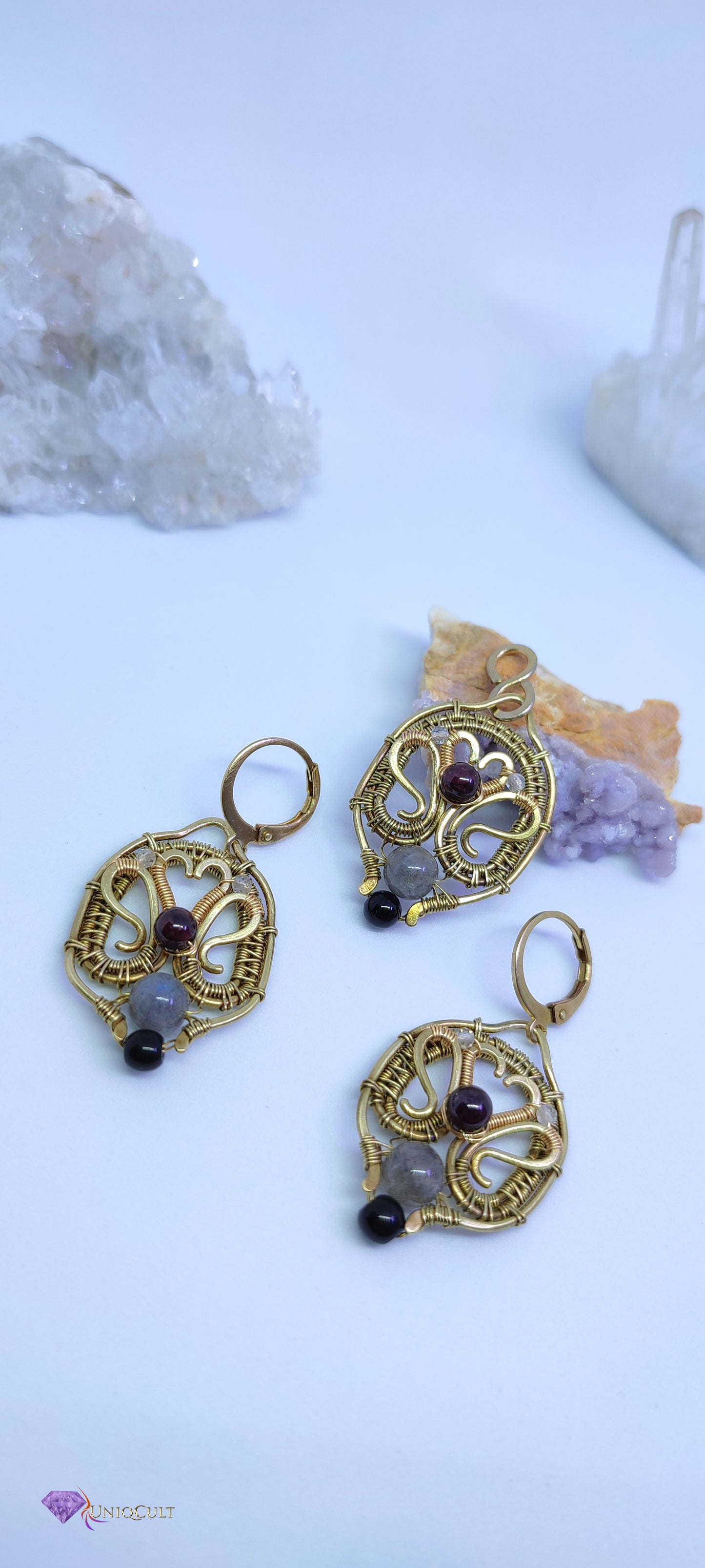 Sweetheart Brass Wire Earrings Decorated with Garnet & Labradorite Beads