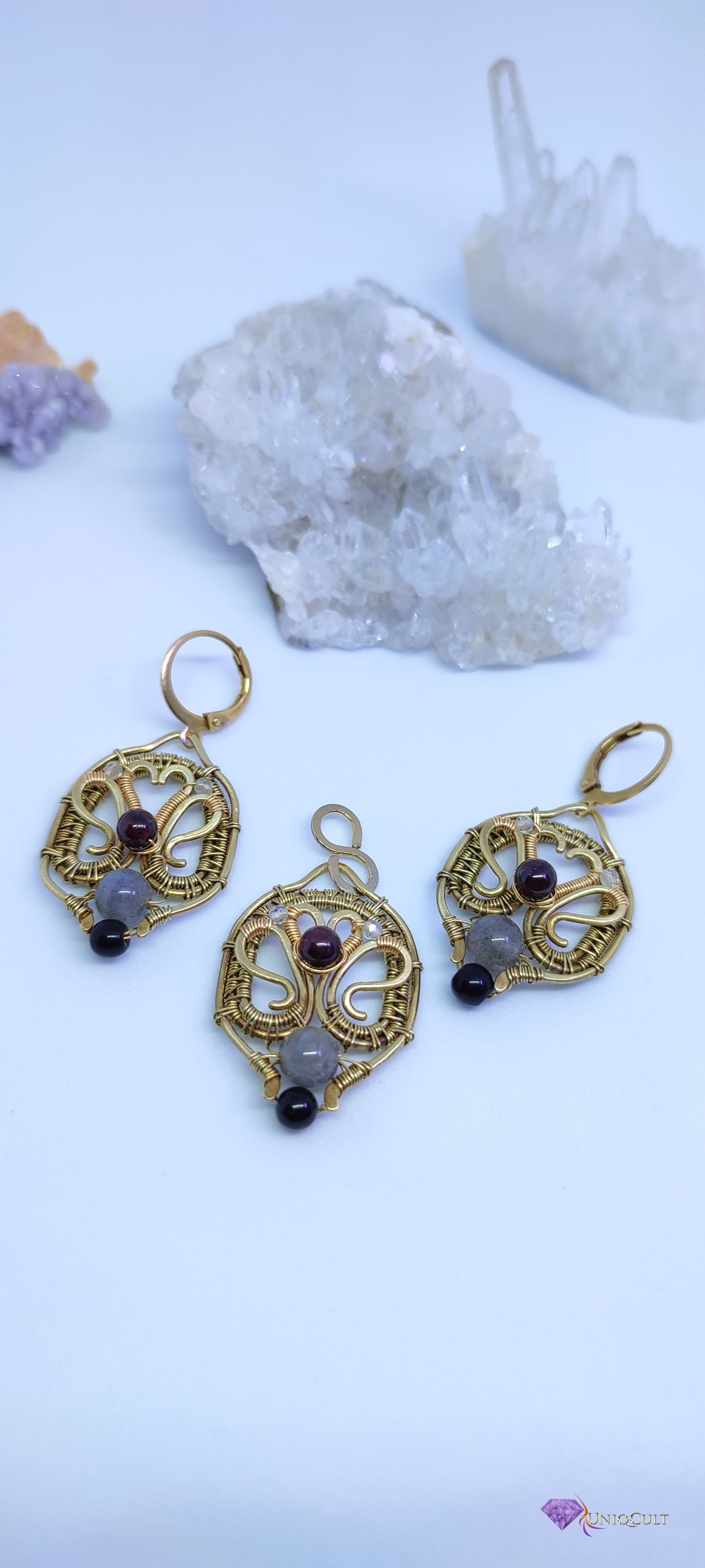 Sweetheart Brass Wire Earrings Decorated with Garnet & Labradorite Beads