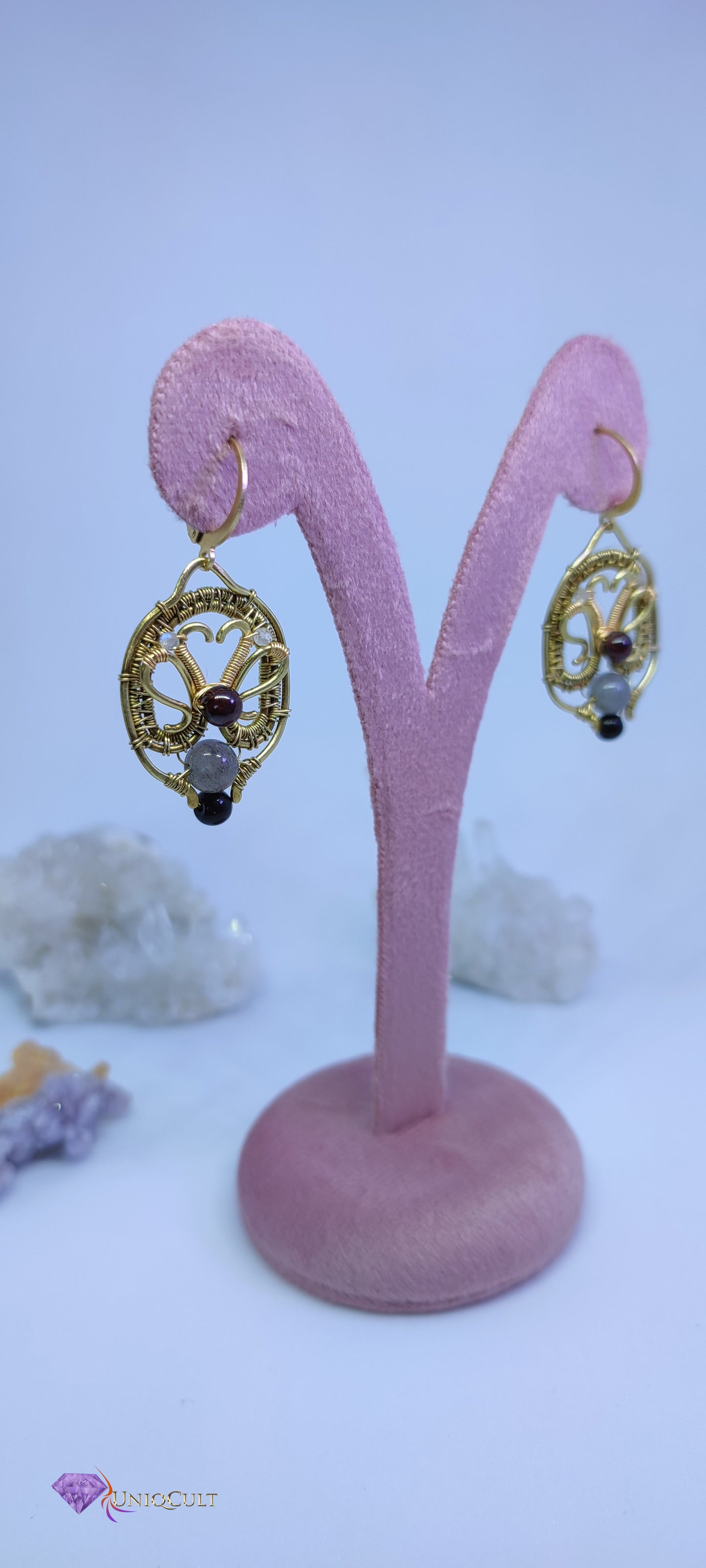 Sweetheart Brass Wire Earrings Decorated with Garnet & Labradorite Beads